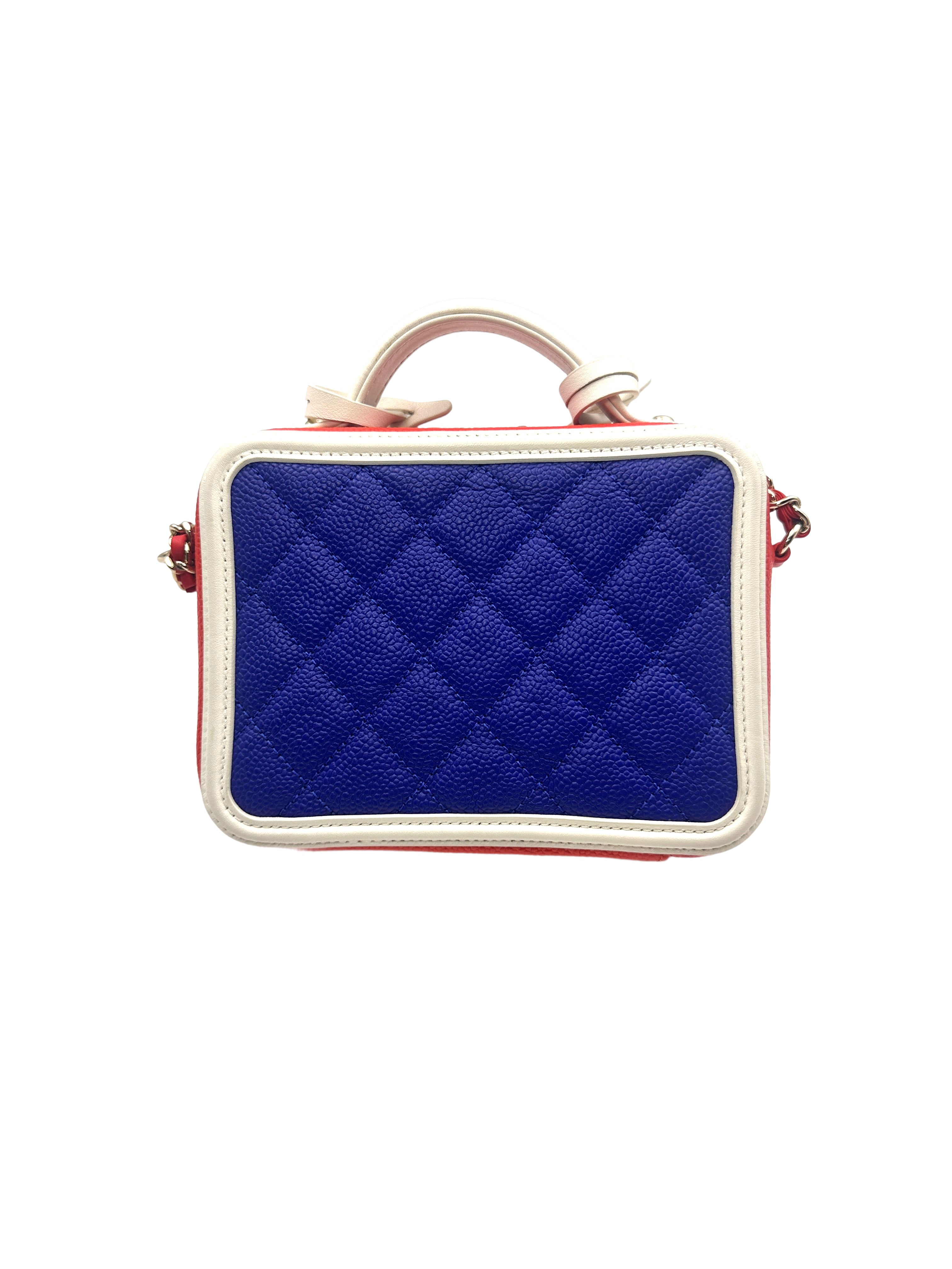Chanel CC Filigree Blue Red White Quilted Calfskin Leather Vanity Case Handle Bag(27***94) CC1208