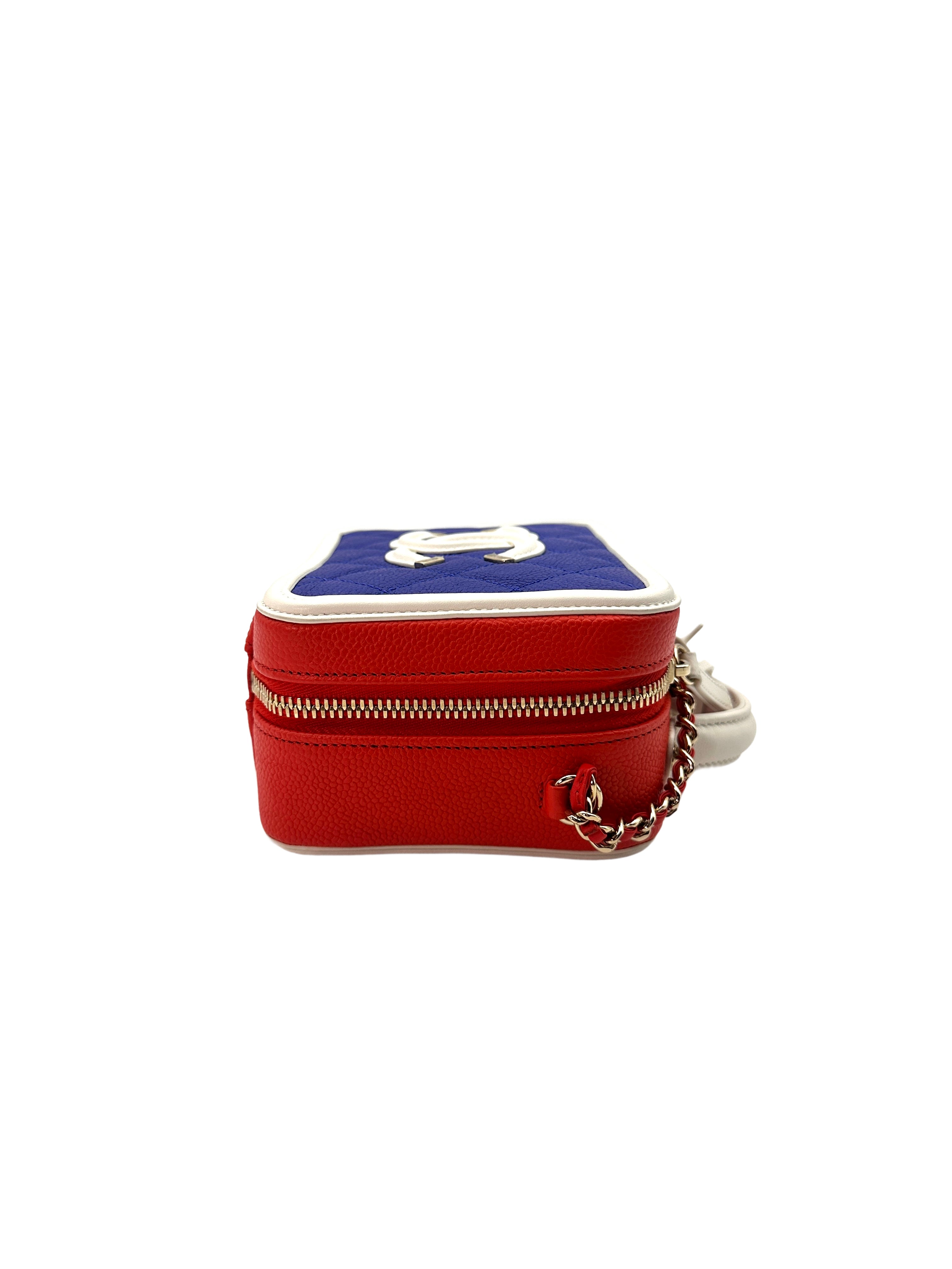 Chanel CC Filigree Blue Red White Quilted Calfskin Leather Vanity Case Handle Bag(27***94) CC1208