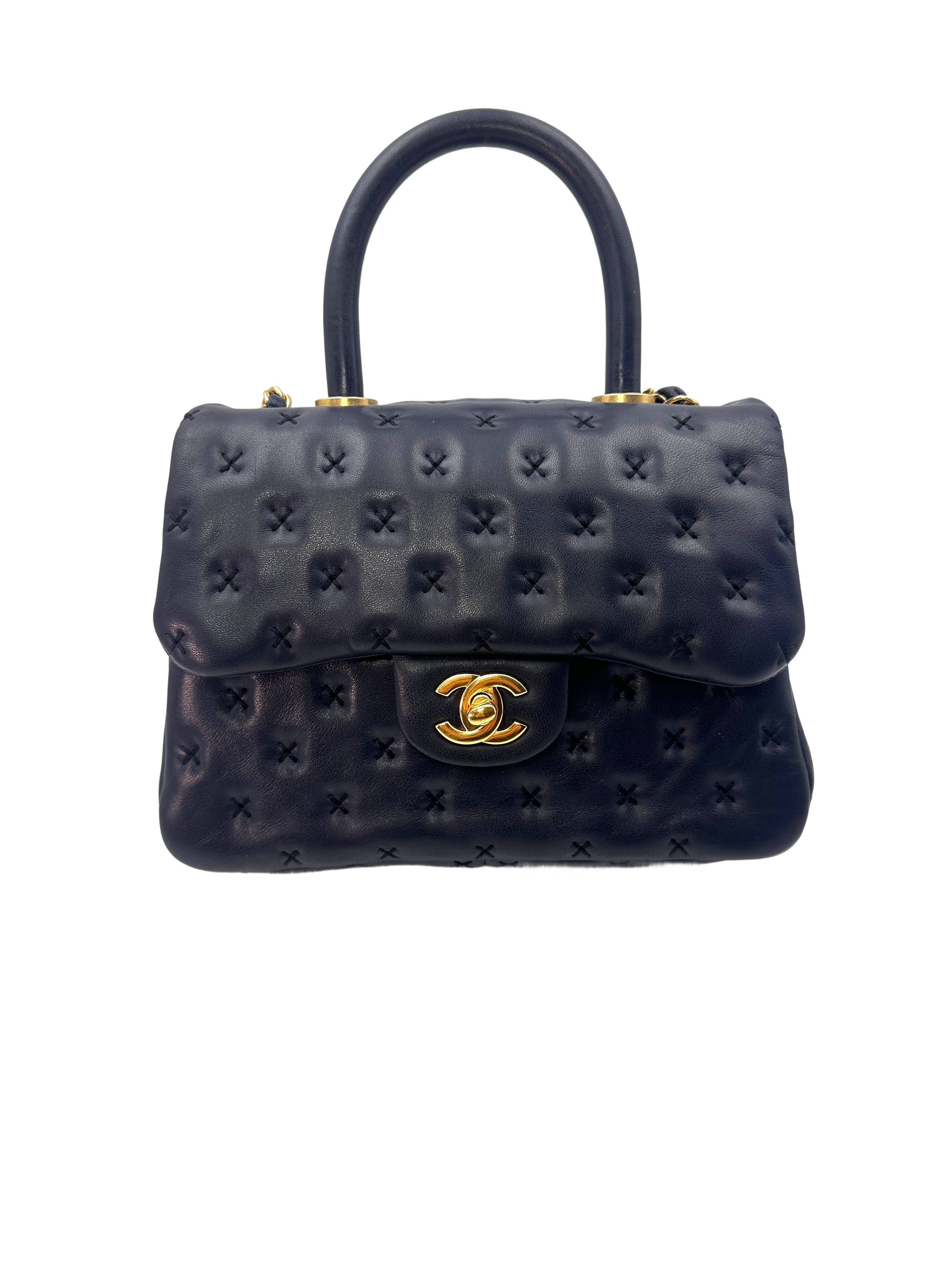 Chanel Dark Blue Leather Cross Stitch Coco Handle Bag(23***76) CC1218