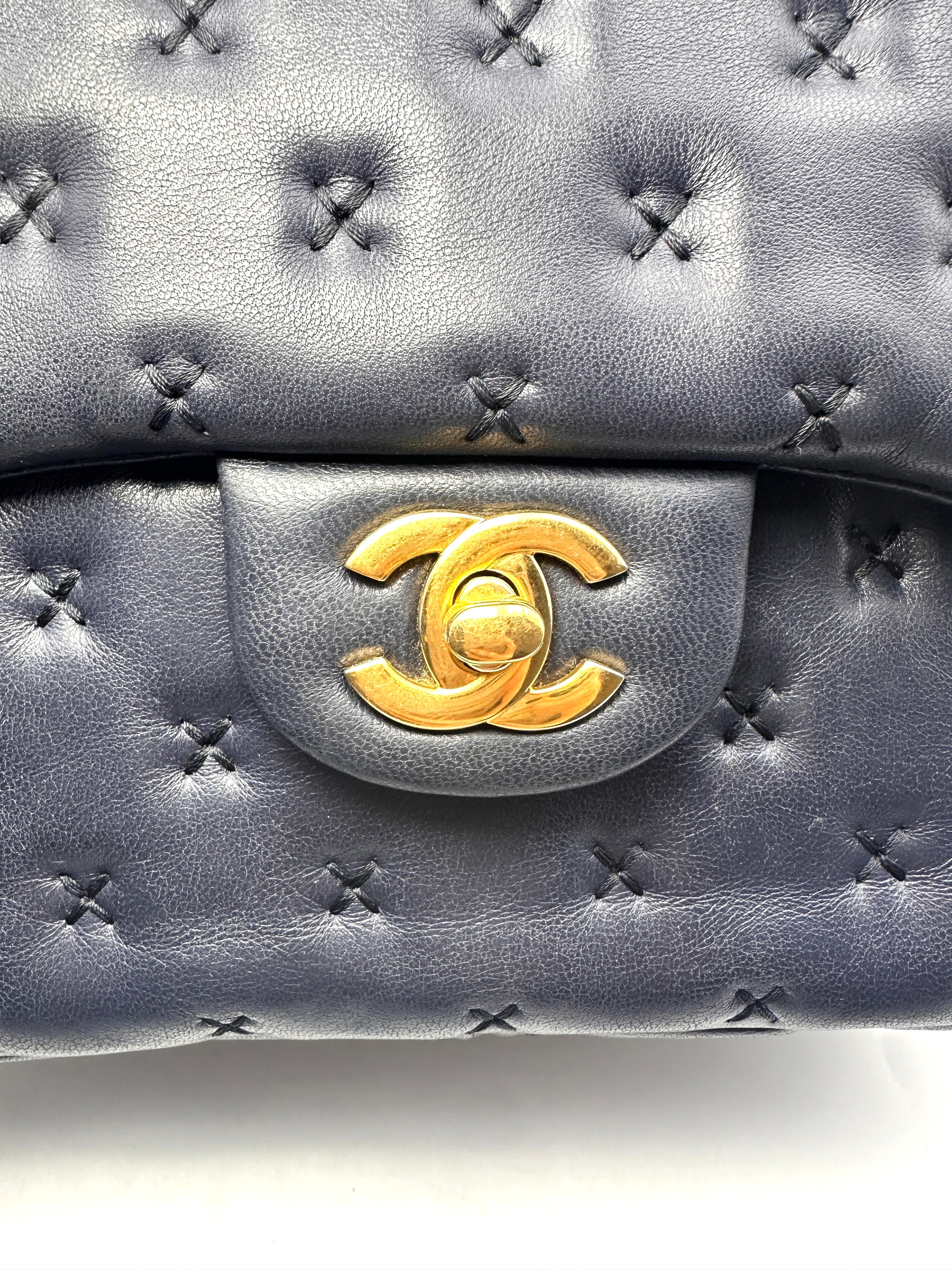 Chanel Dark Blue Leather Cross Stitch Coco Handle Bag(23***76) CC1218