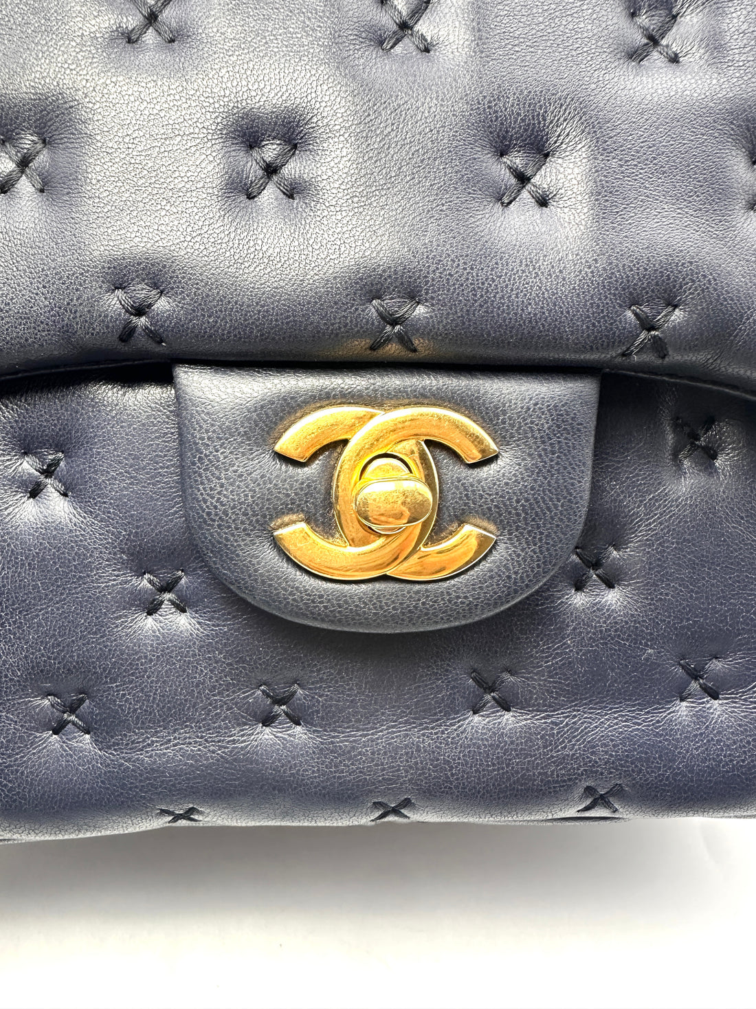 Chanel Dark Blue Leather Cross Stitch Coco Handle Bag(23***76) CC1218