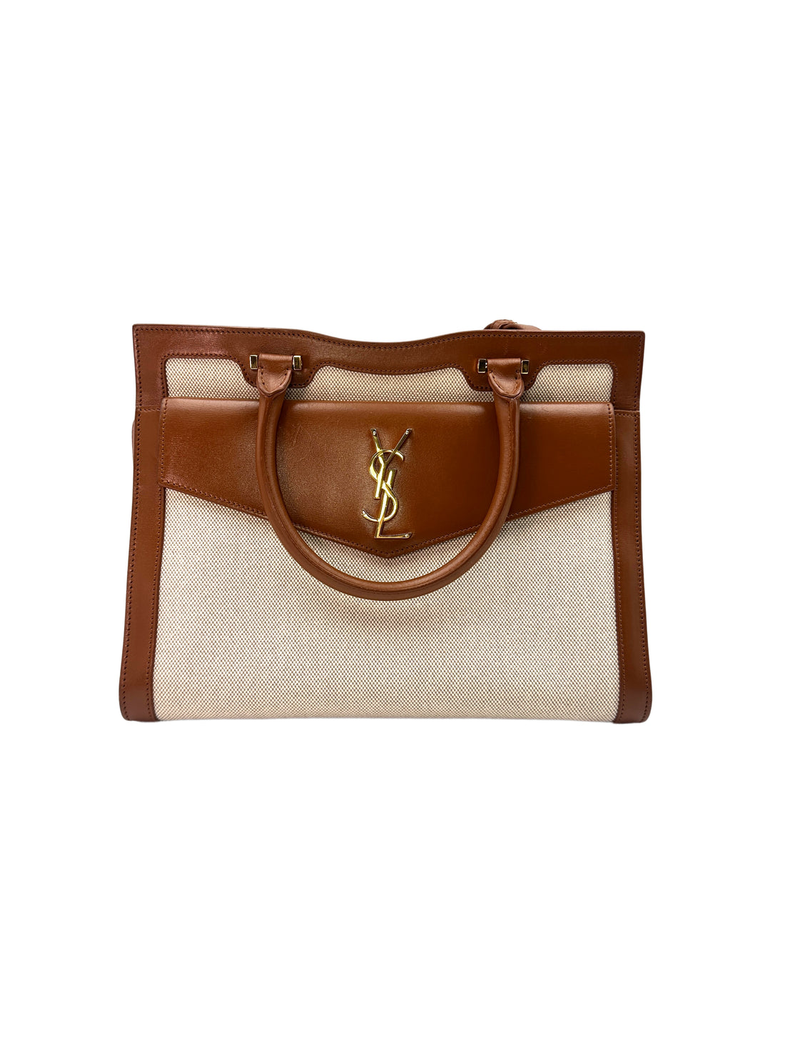 Saint Laurent Uptown Brown/White Handle Bag With Gold Hardware SL153