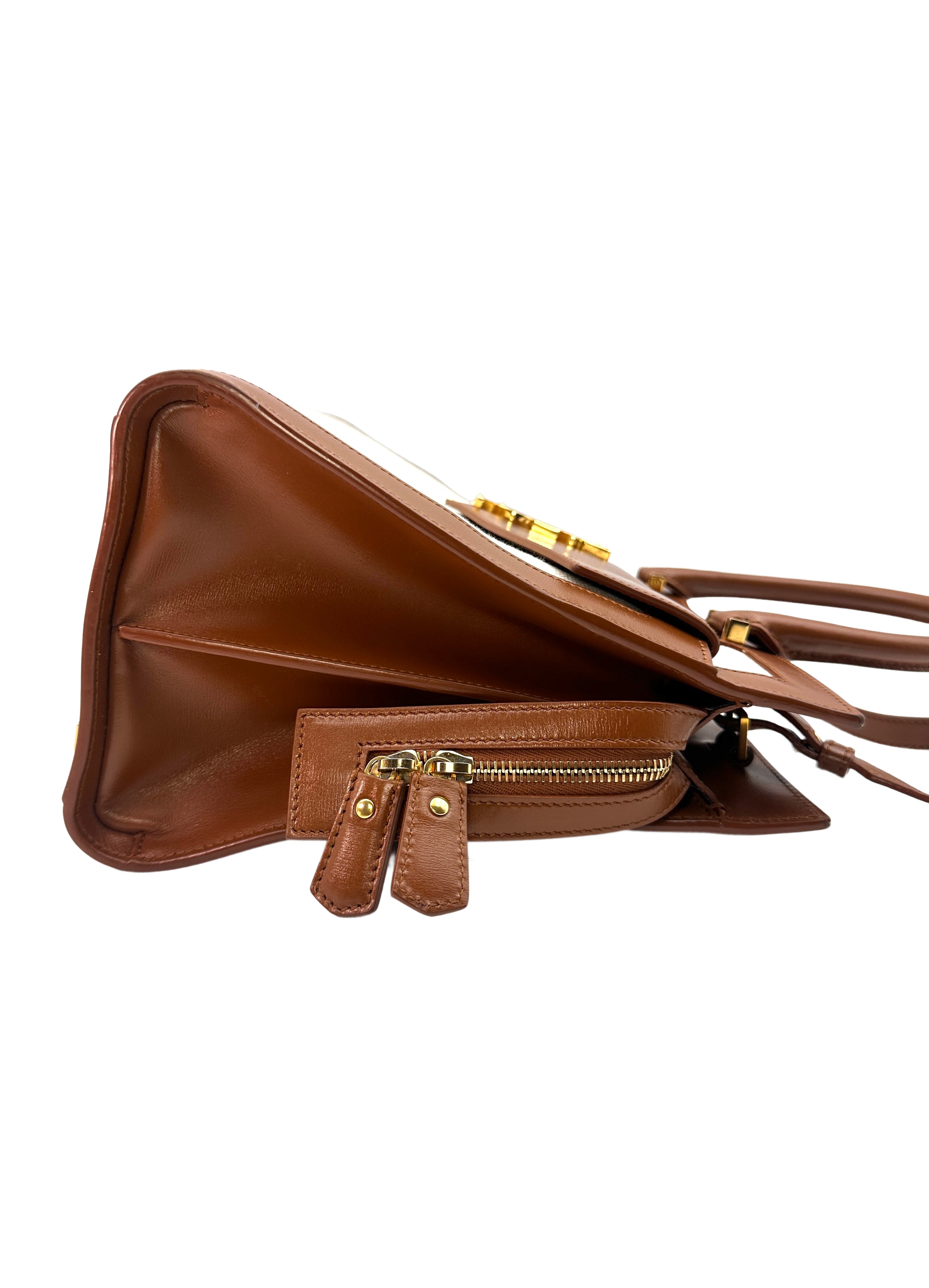 Saint Laurent Uptown Brown/White Handle Bag With Gold Hardware SL153