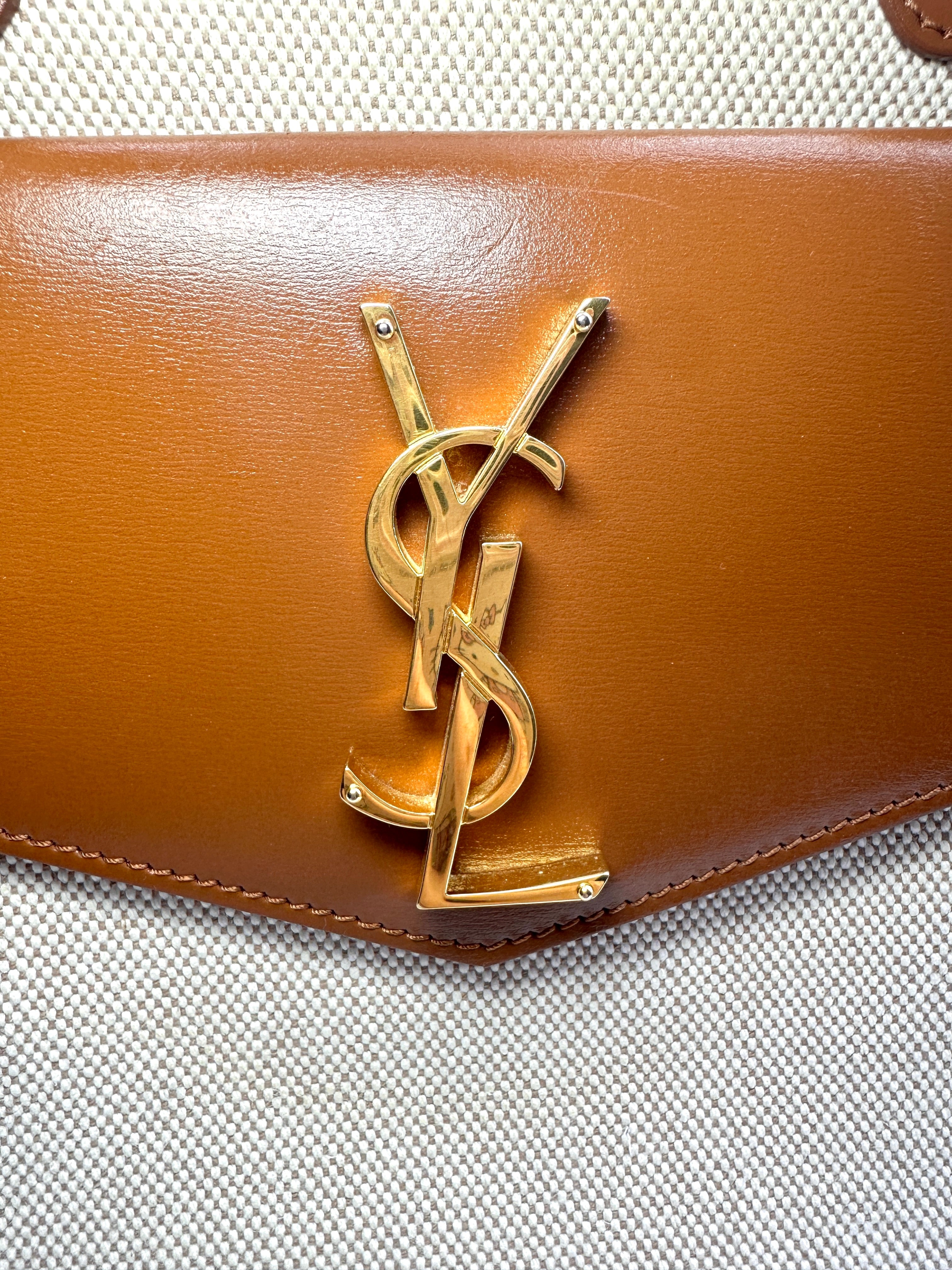 Saint Laurent Uptown Brown/White Handle Bag With Gold Hardware SL153