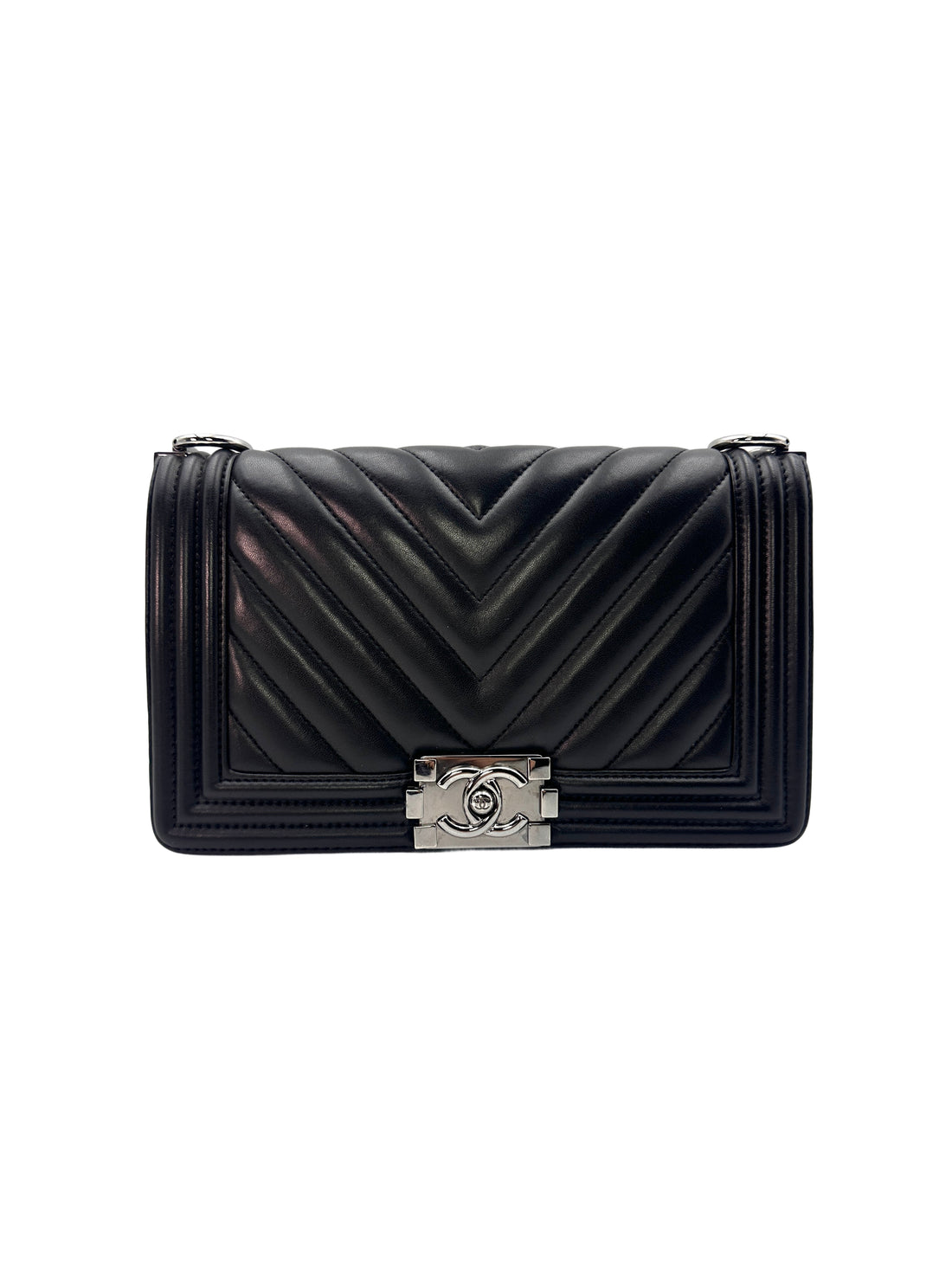 Chanel LeBoy Black Chevron Quilted Lambskin Leather Medium Size Crossbody Bag(24***66) CC1210