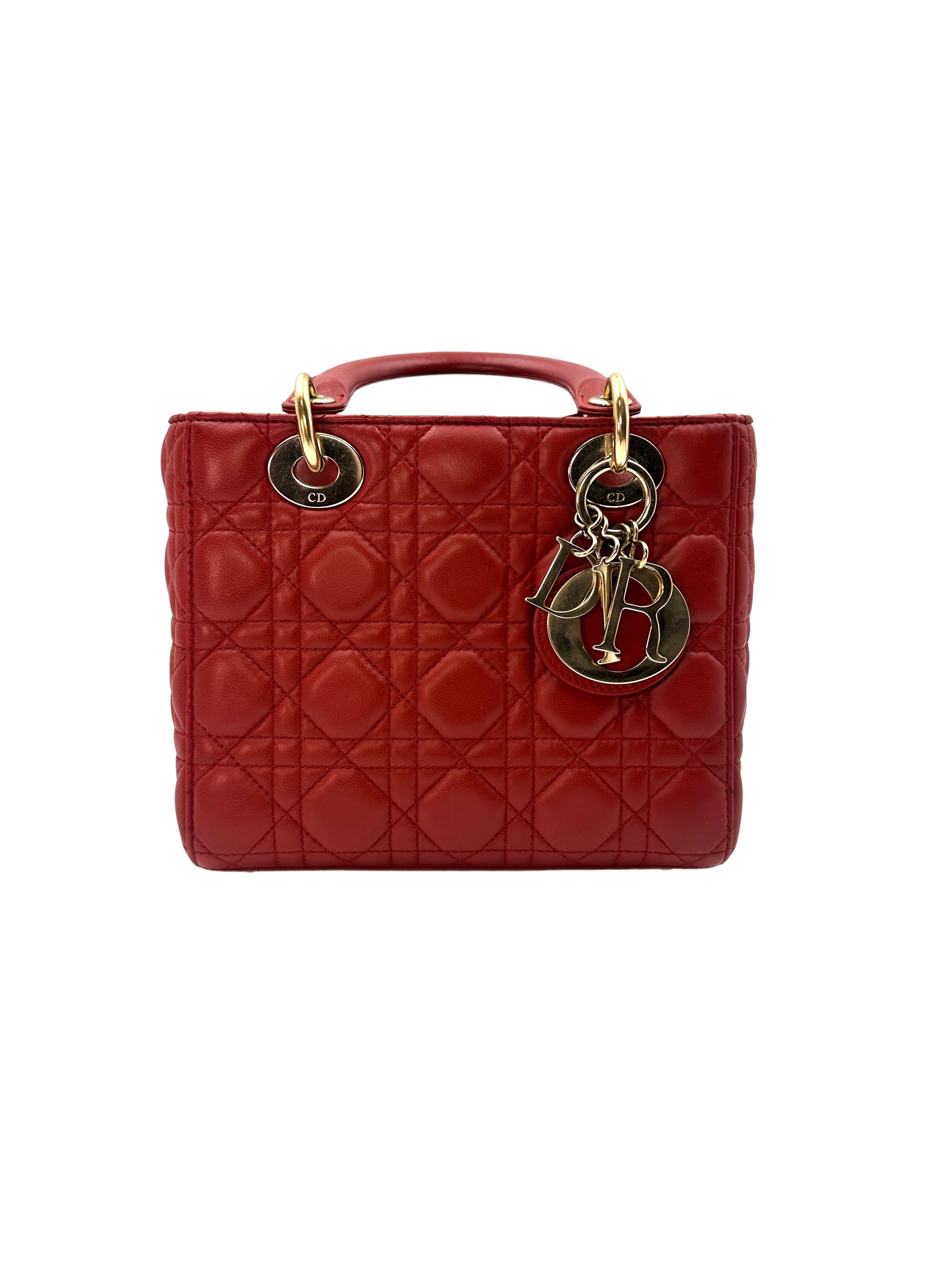 Christian Dior Lady Dior Red Cannage Handle Bag with Charms DR398