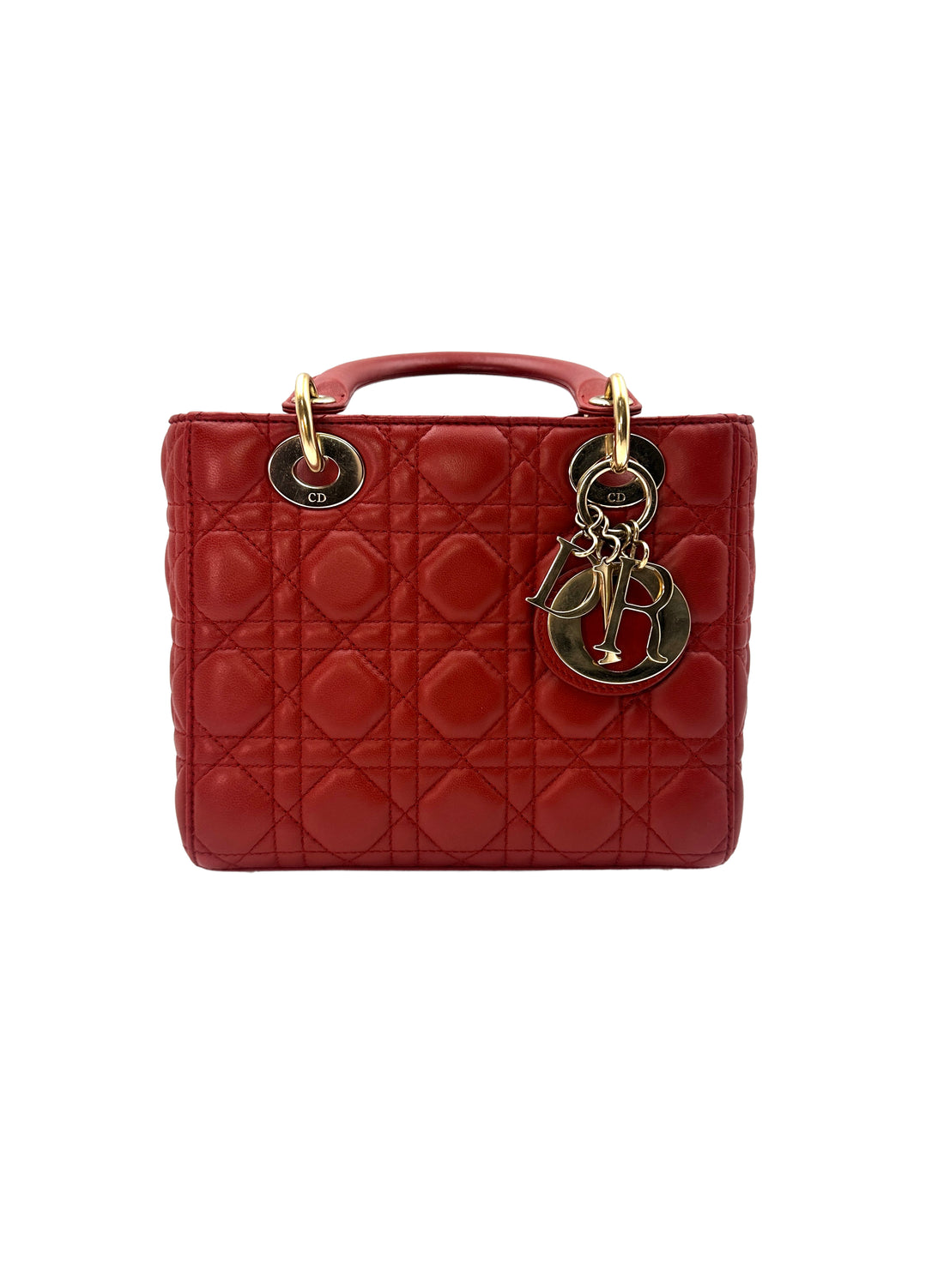 Christian Dior Lady Dior Red Cannage Handle Bag with Charms DR398