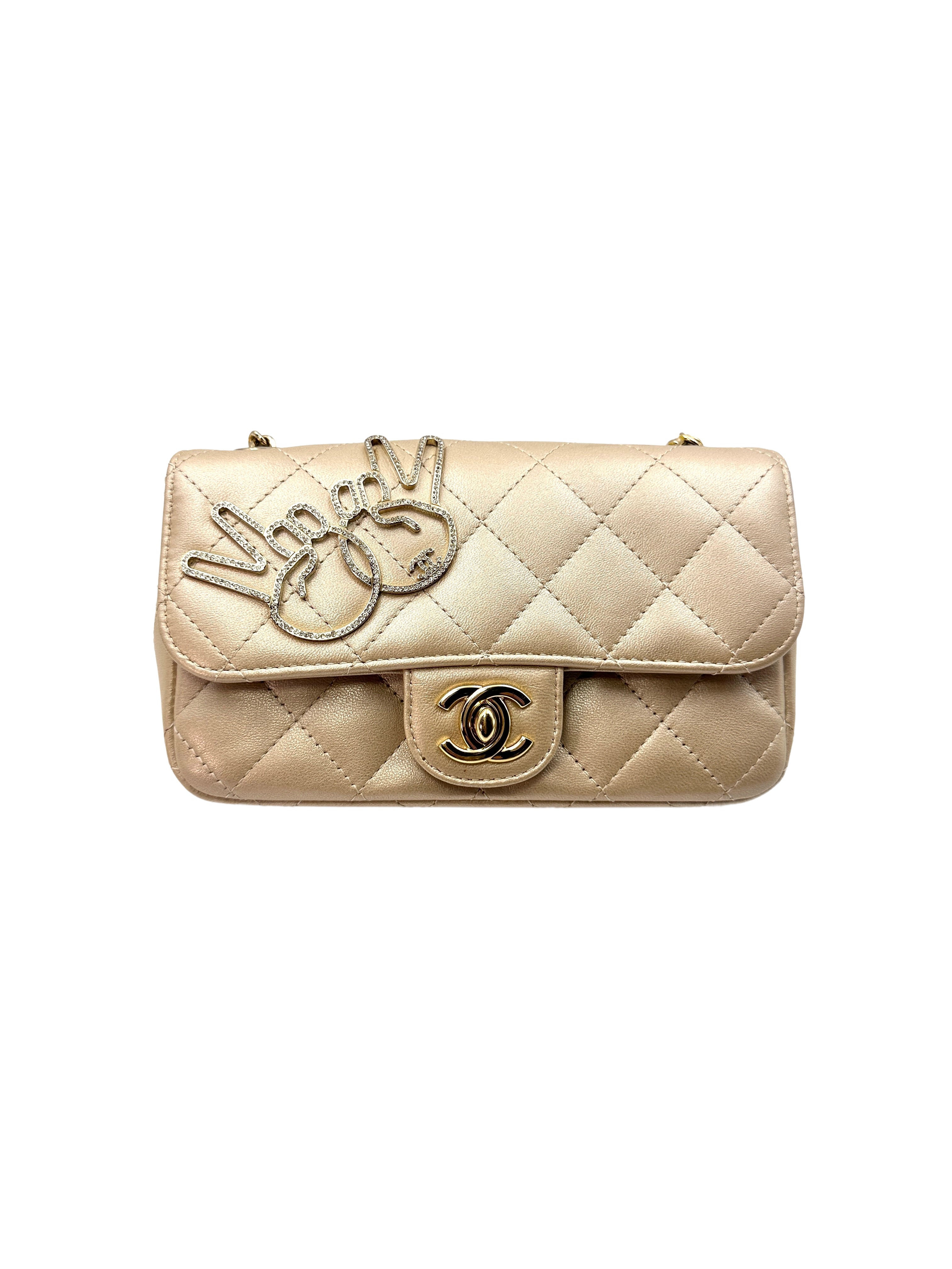 Chanel V For Victory Champagne Gold Quilted Leather Mini Flap Crossbody Bag(23***12) CC1215