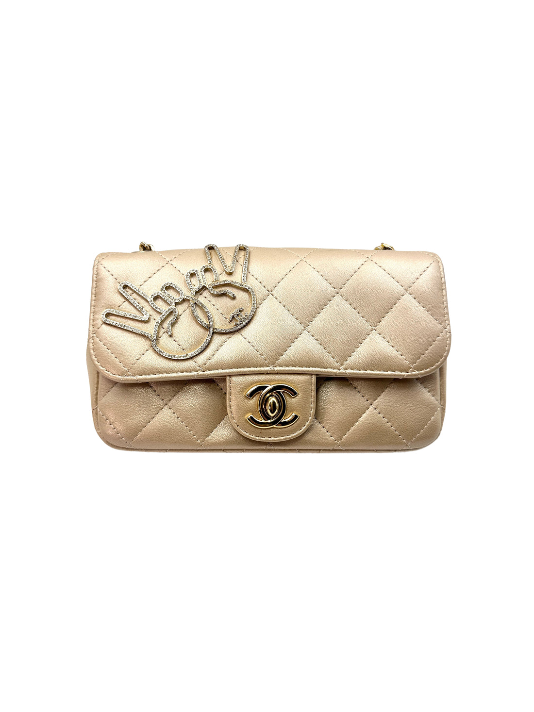 Chanel V For Victory Champagne Gold Quilted Leather Mini Flap Crossbody Bag(23***12) CC1215