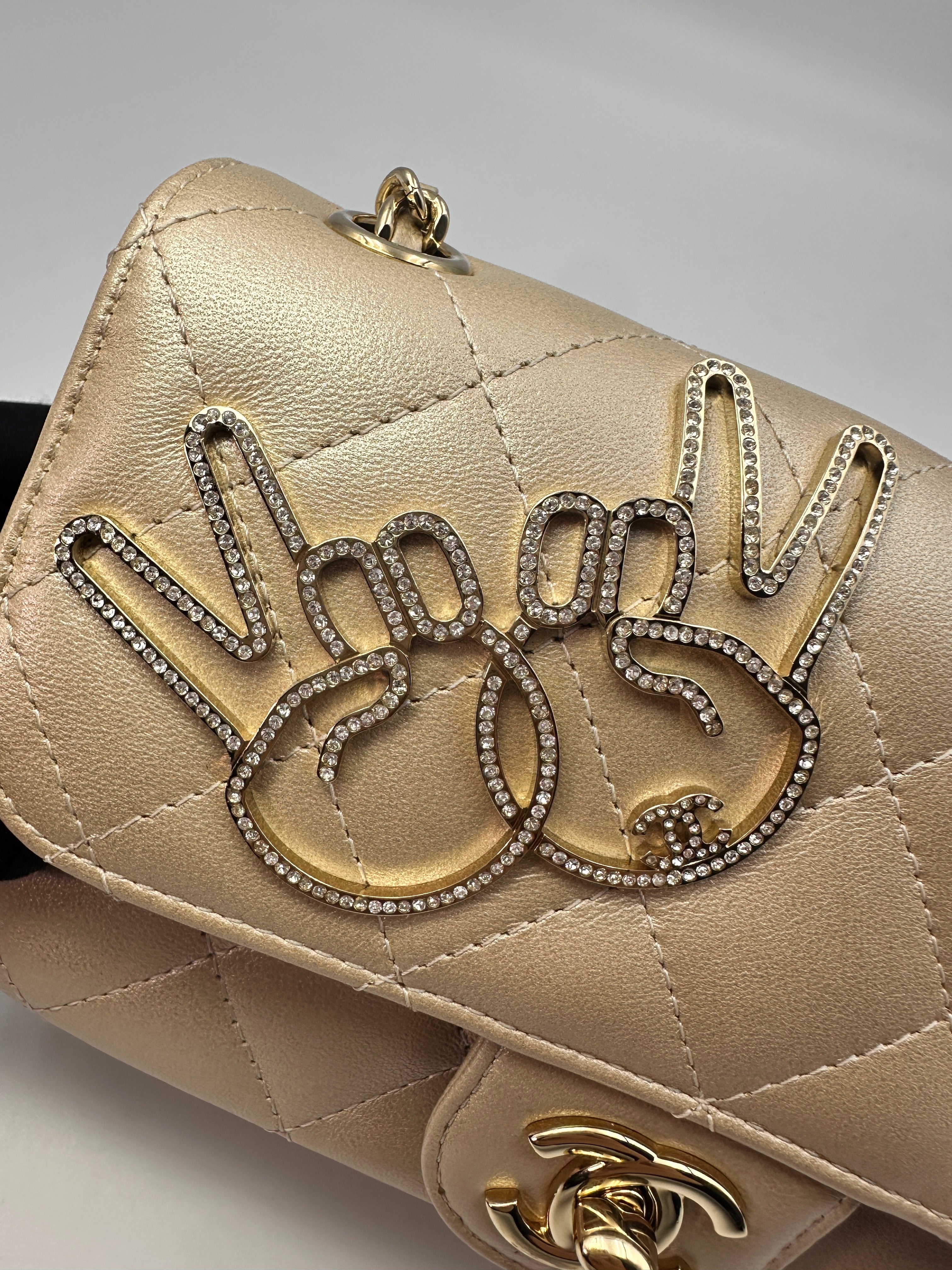 Chanel V For Victory Champagne Gold Quilted Leather Mini Flap Crossbody Bag(23***12) CC1215