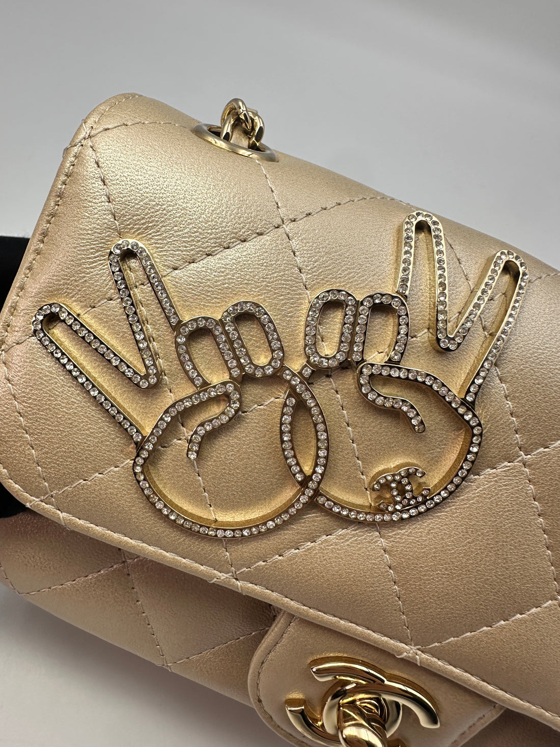 Chanel V For Victory Champagne Gold Quilted Leather Mini Flap Crossbody Bag(23***12) CC1215