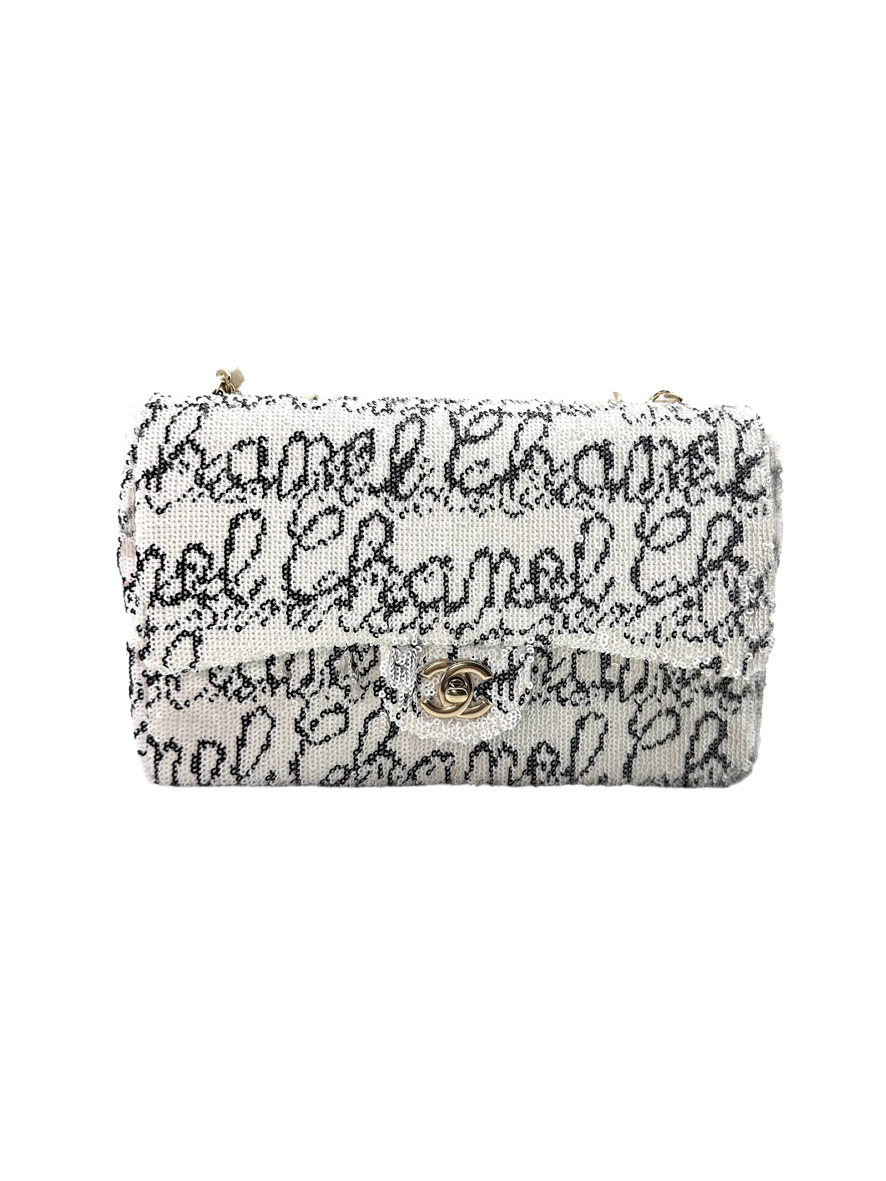 Chanel White Sequin Logo Medium Size Flap Bag With Chip(G5***85) CC1214