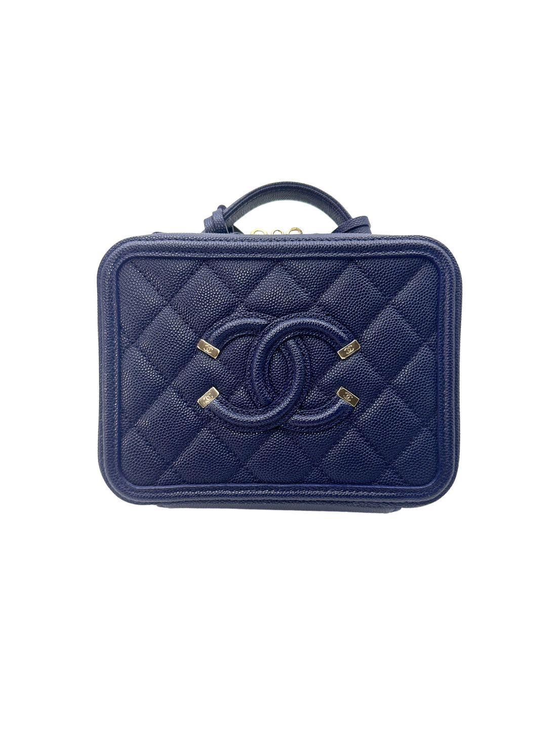 Chanel CC Filigree Navy Blue Caviar Quilted Leather Small Size Vanity Case(29***82) CC1221
