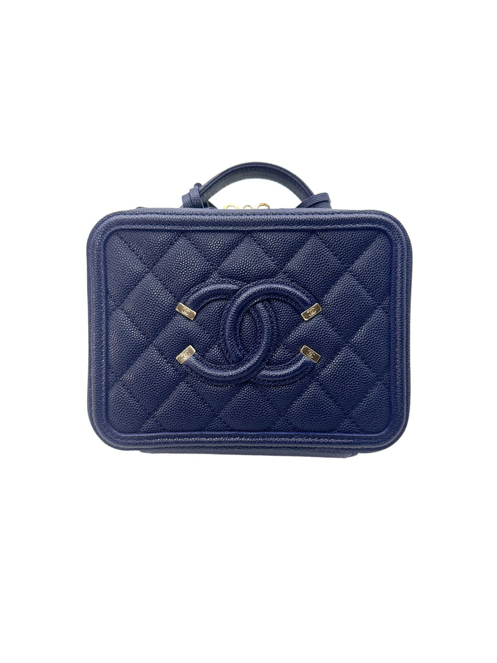 Chanel CC Filigree Navy Blue Caviar Quilted Leather Small Size Vanity Case(29***82) CC1221