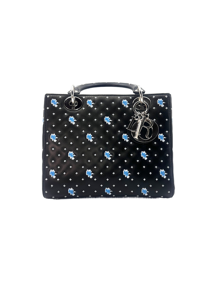 Christian Dior Lady Dior Black Embroidered Cannage Handle Bag with Charms DR440