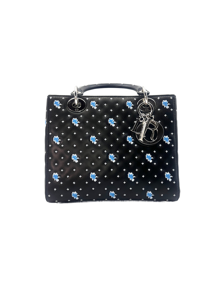 Christian Dior Lady Dior Black Embroidered Cannage Handle Bag with Charms DR440