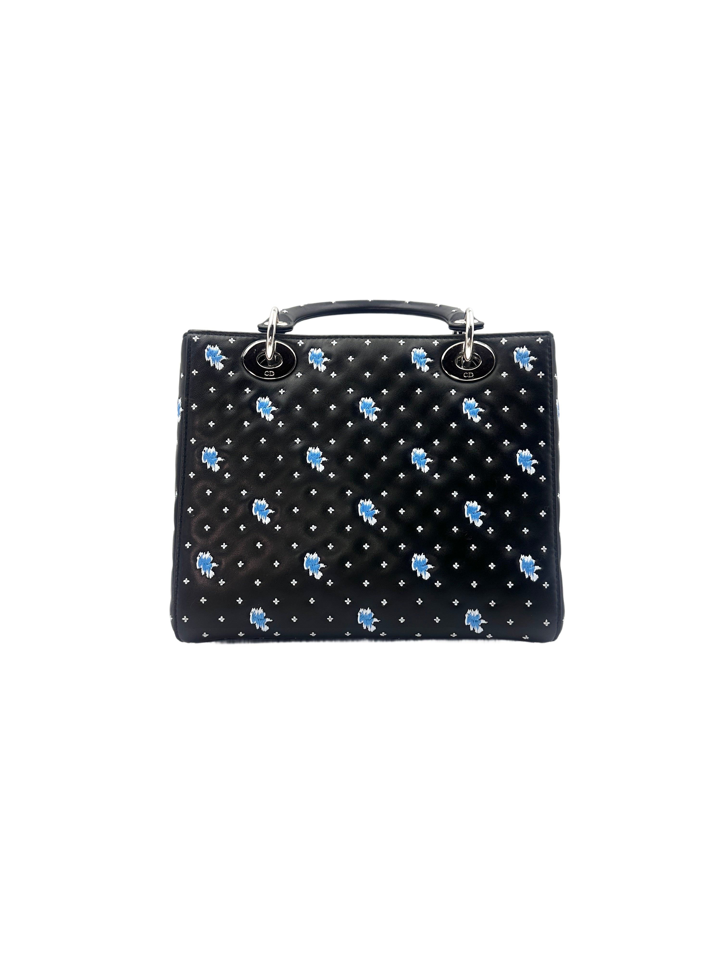 Christian Dior Lady Dior Black Embroidered Cannage Handle Bag with Charms DR440