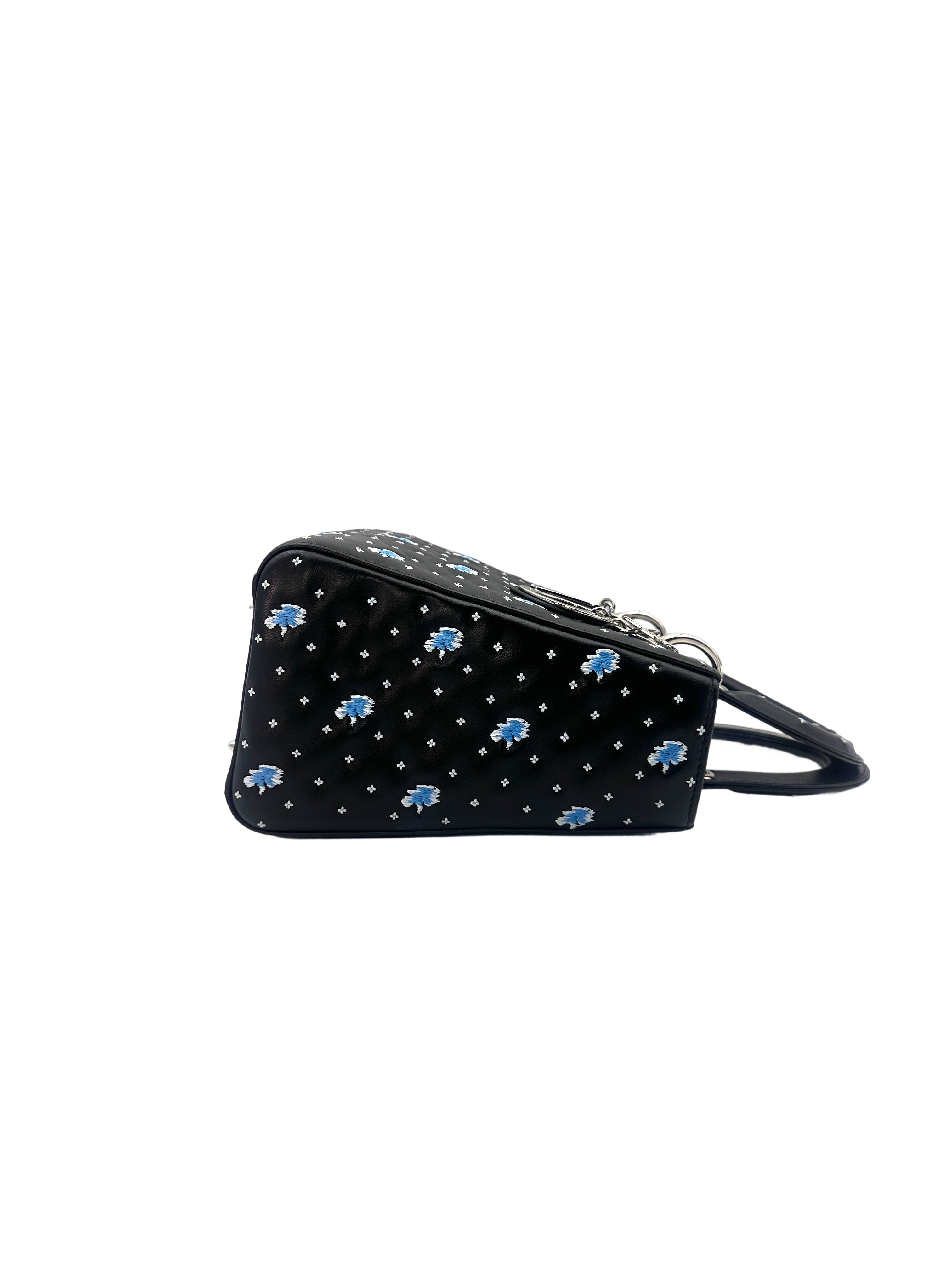 Christian Dior Lady Dior Black Embroidered Cannage Handle Bag with Charms DR440