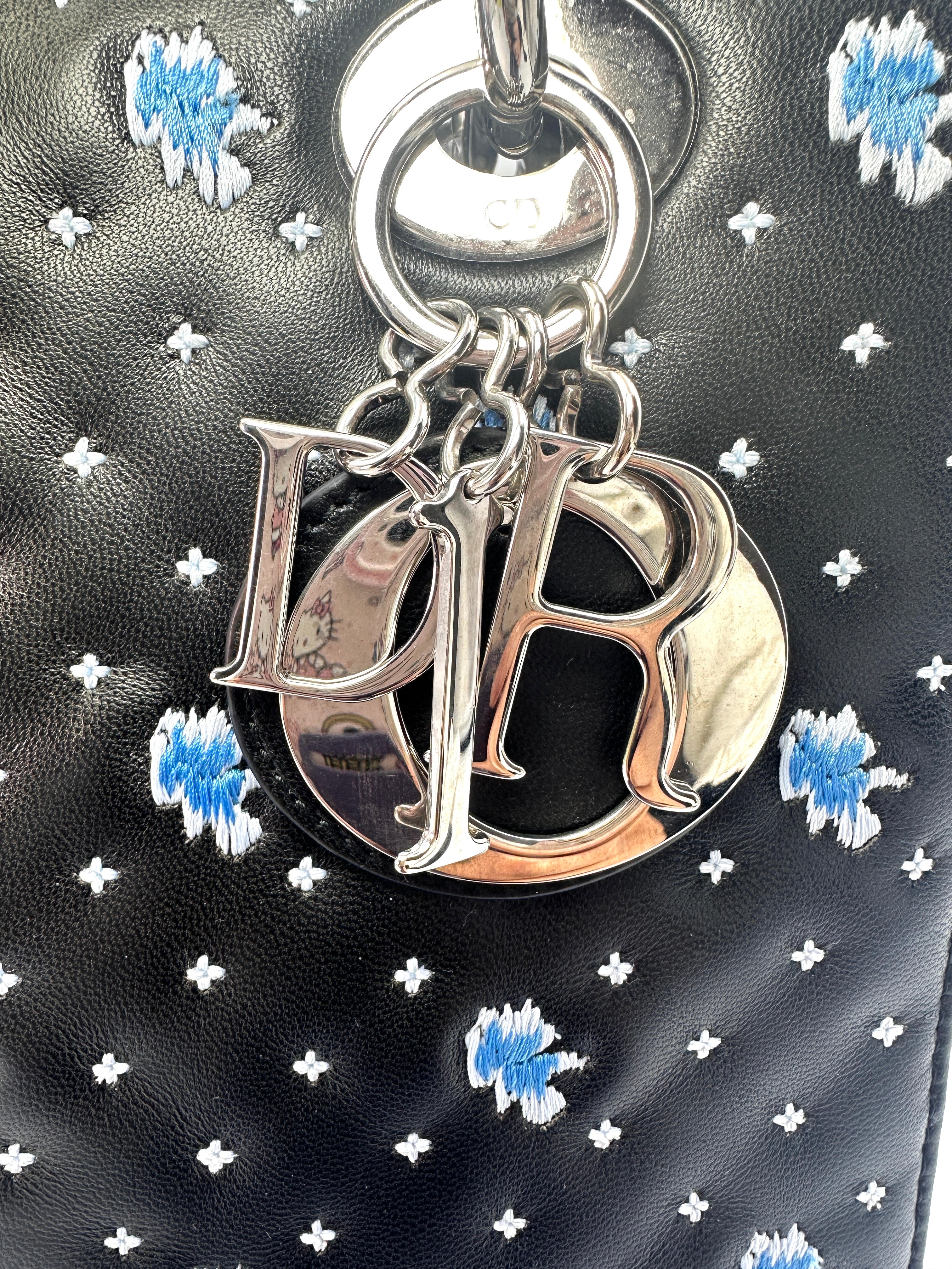 Christian Dior Lady Dior Black Embroidered Cannage Handle Bag with Charms DR440