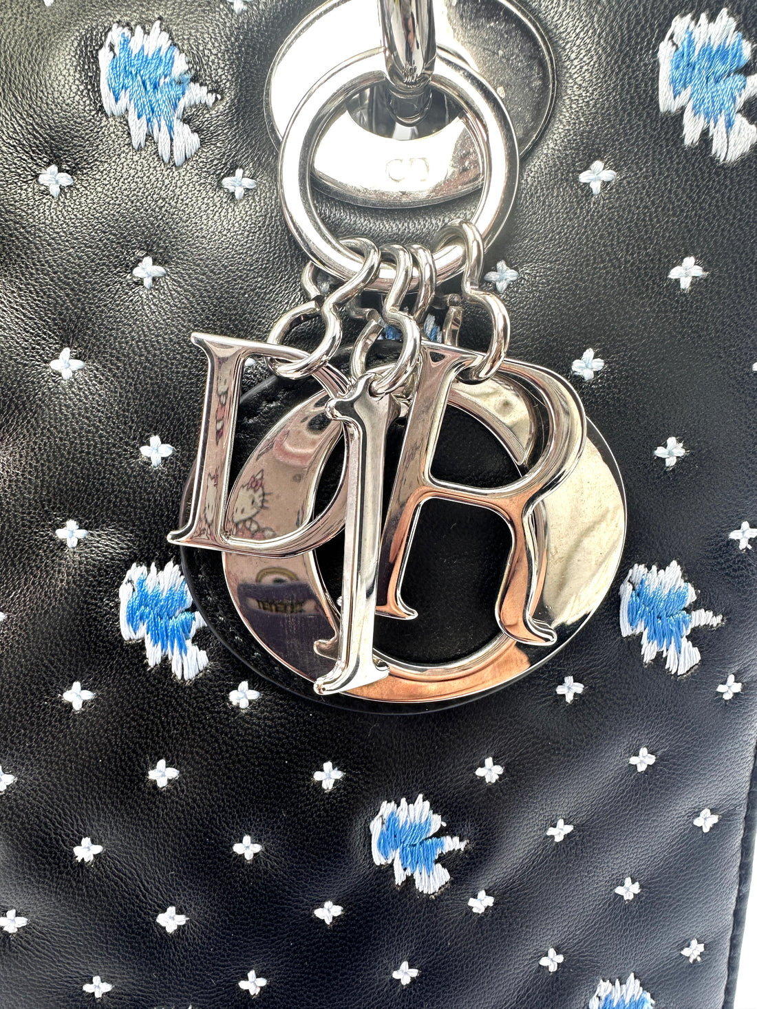 Christian Dior Lady Dior Black Embroidered Cannage Handle Bag with Charms DR440