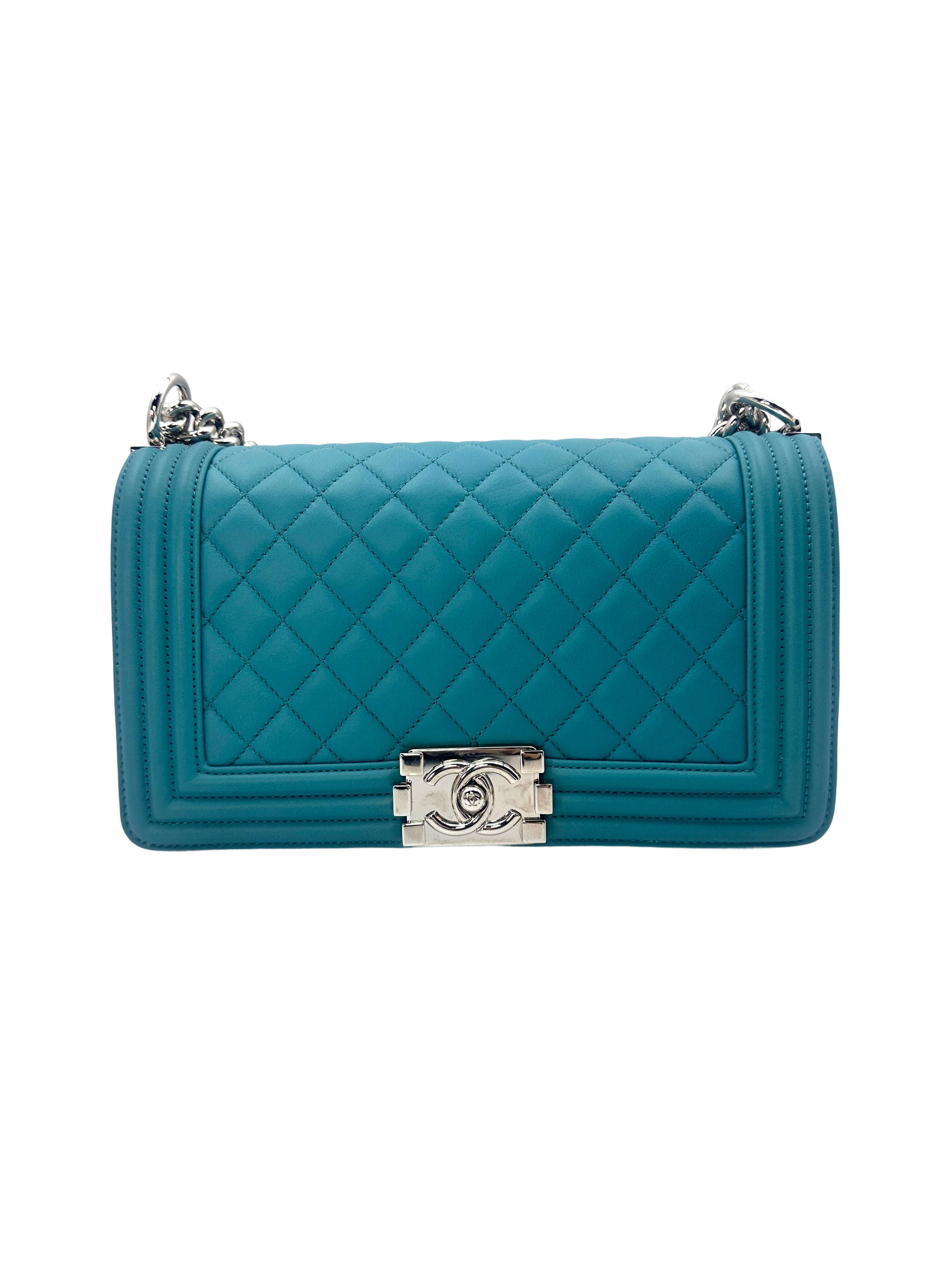 Chanel LeBoy Turquoise Blue Quilted Caviar Crossbody Bag with Silver Buckle(20***87) CC1230