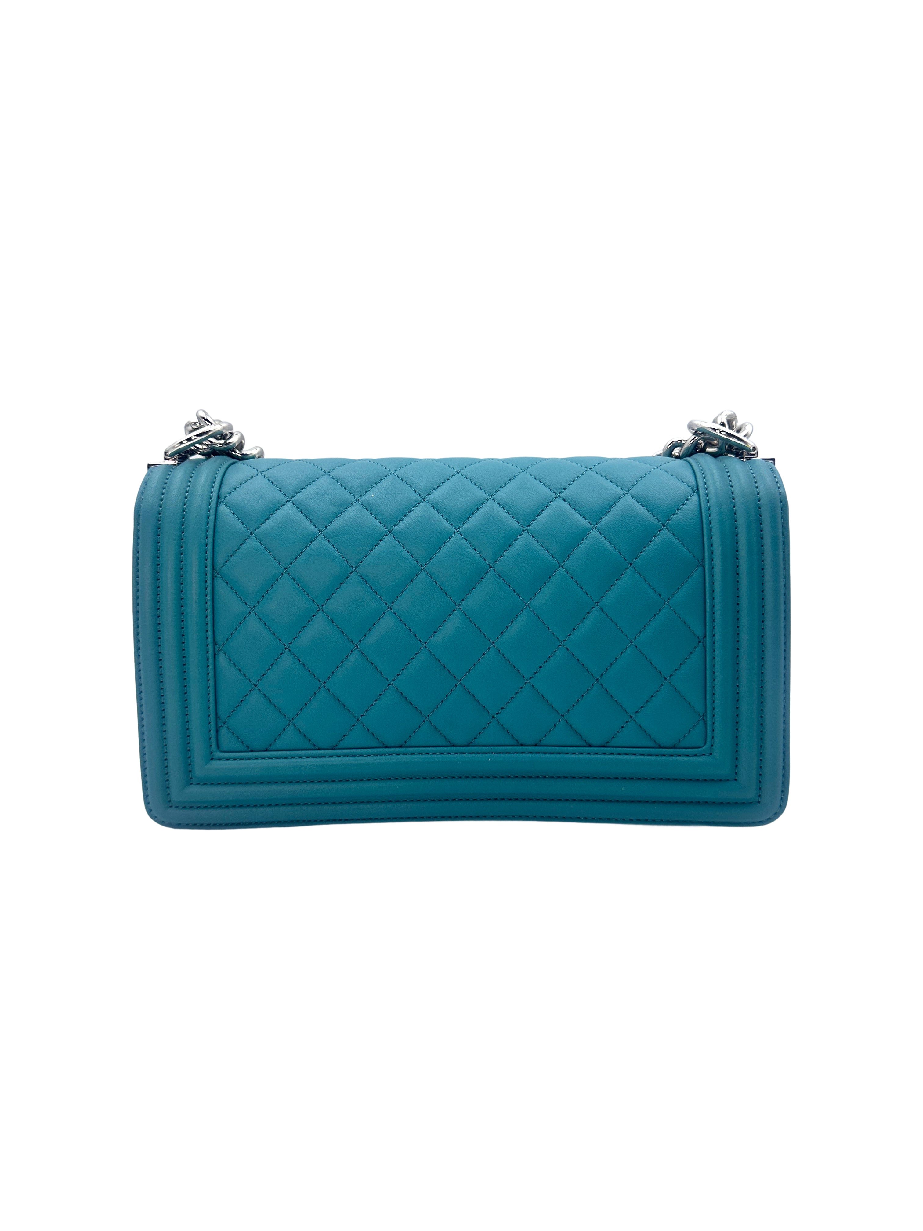Chanel LeBoy Turquoise Blue Quilted Caviar Crossbody Bag with Silver Buckle(20***87) CC1230