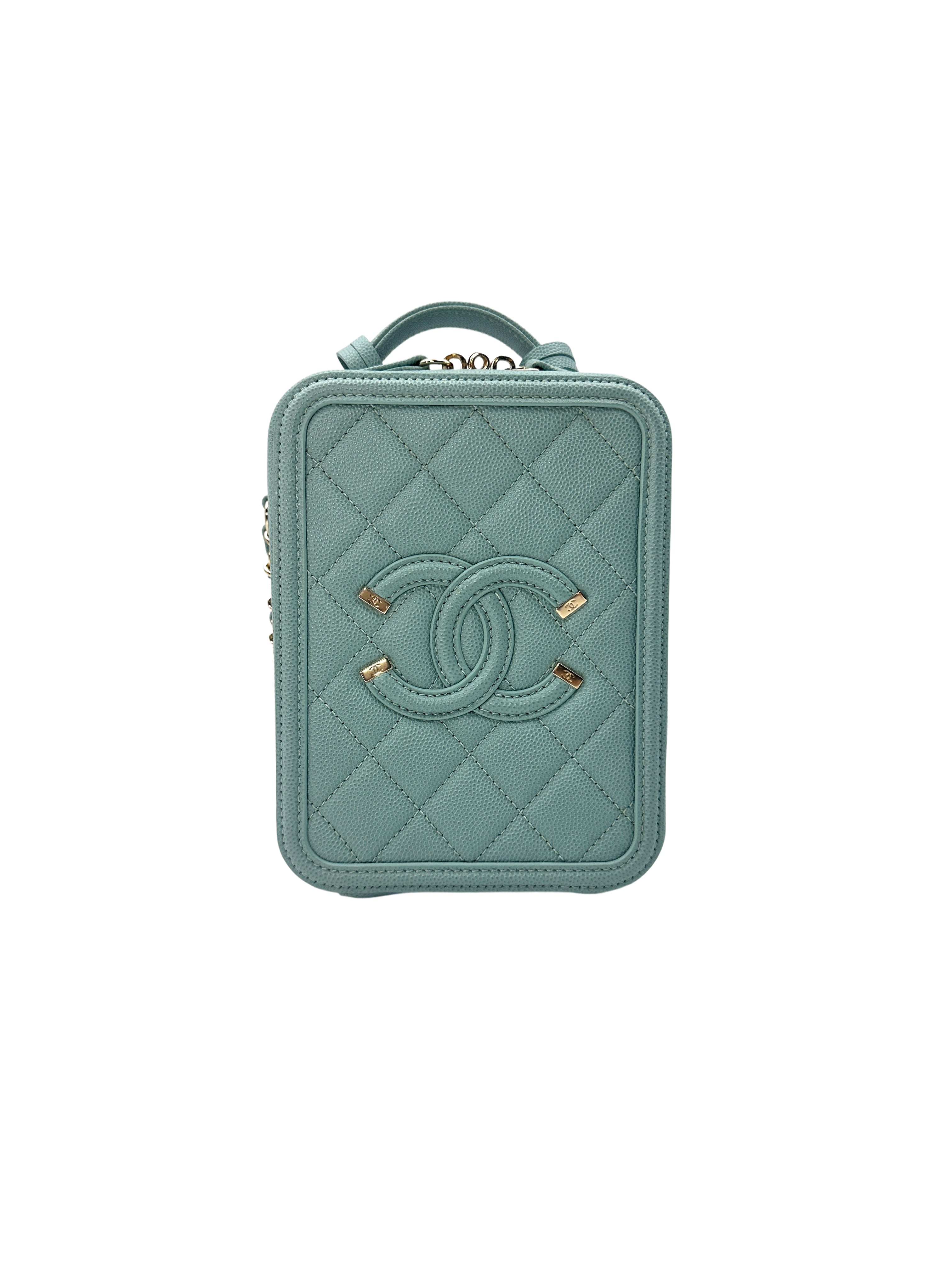 Chanel CC Filigree Mint Green Caviar Leather Vertical Vanity Case(29***12) CC1235