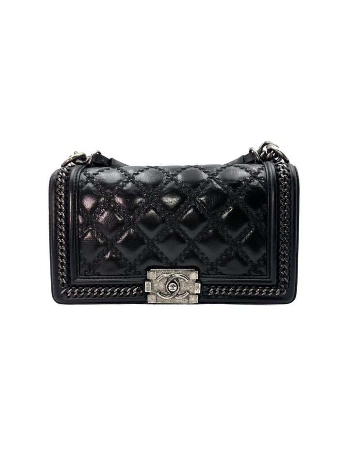 Chanel LeBoy Black Quilted Lambskin Leather Medium Size Top Handle Flap Bag With Silver Buckle(21***03) CC1248