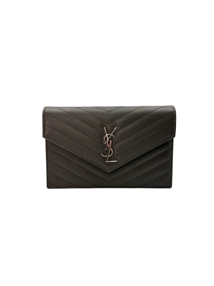 Saint Laurent Envelope Black Chevron Quilted Leather Chain Shoulder Bag With Silver Logo SL155