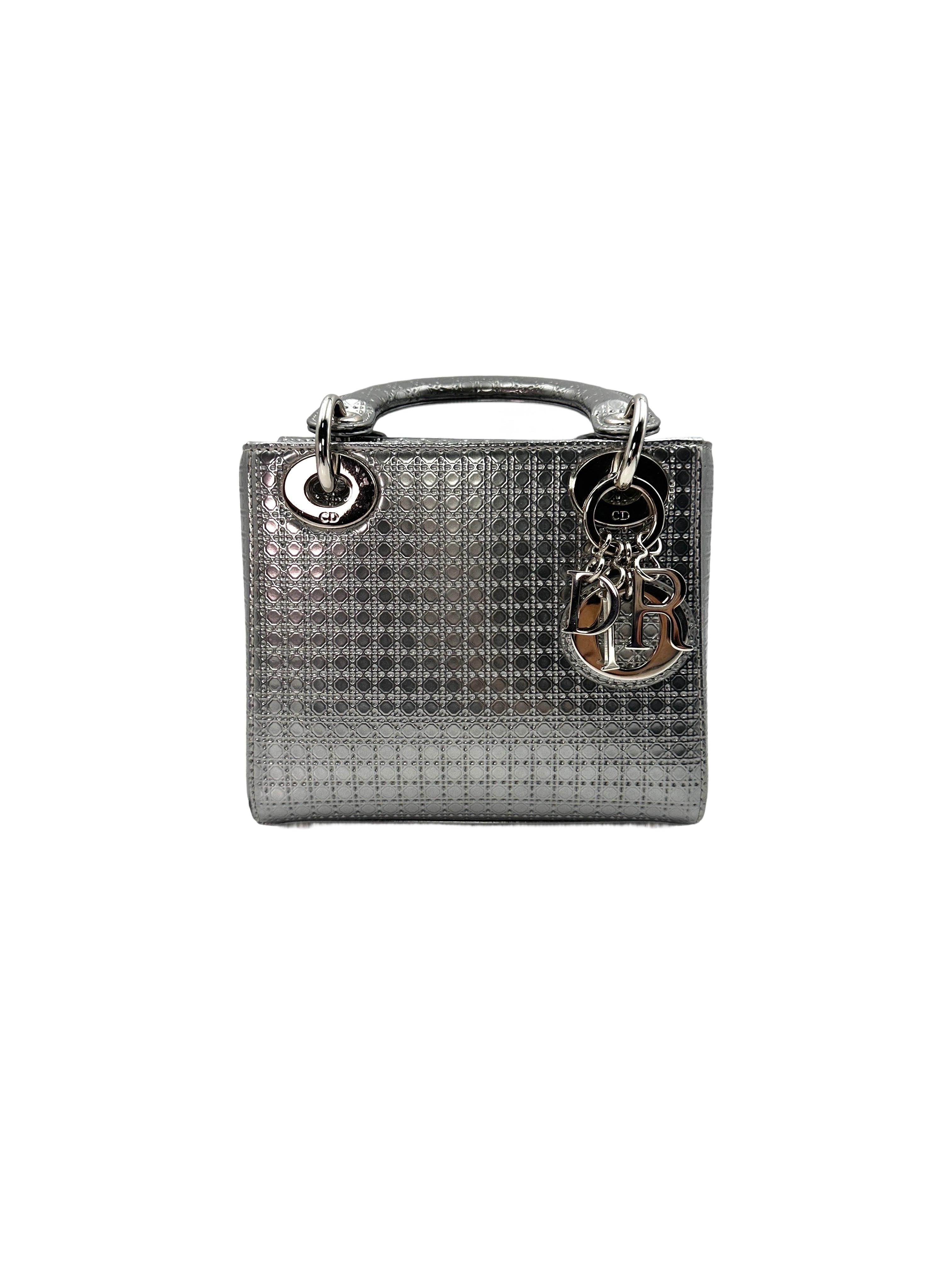 Christian Dior Lady Dior Silver Micro Cannage Leather Handle Bag With Silver Charms DR442