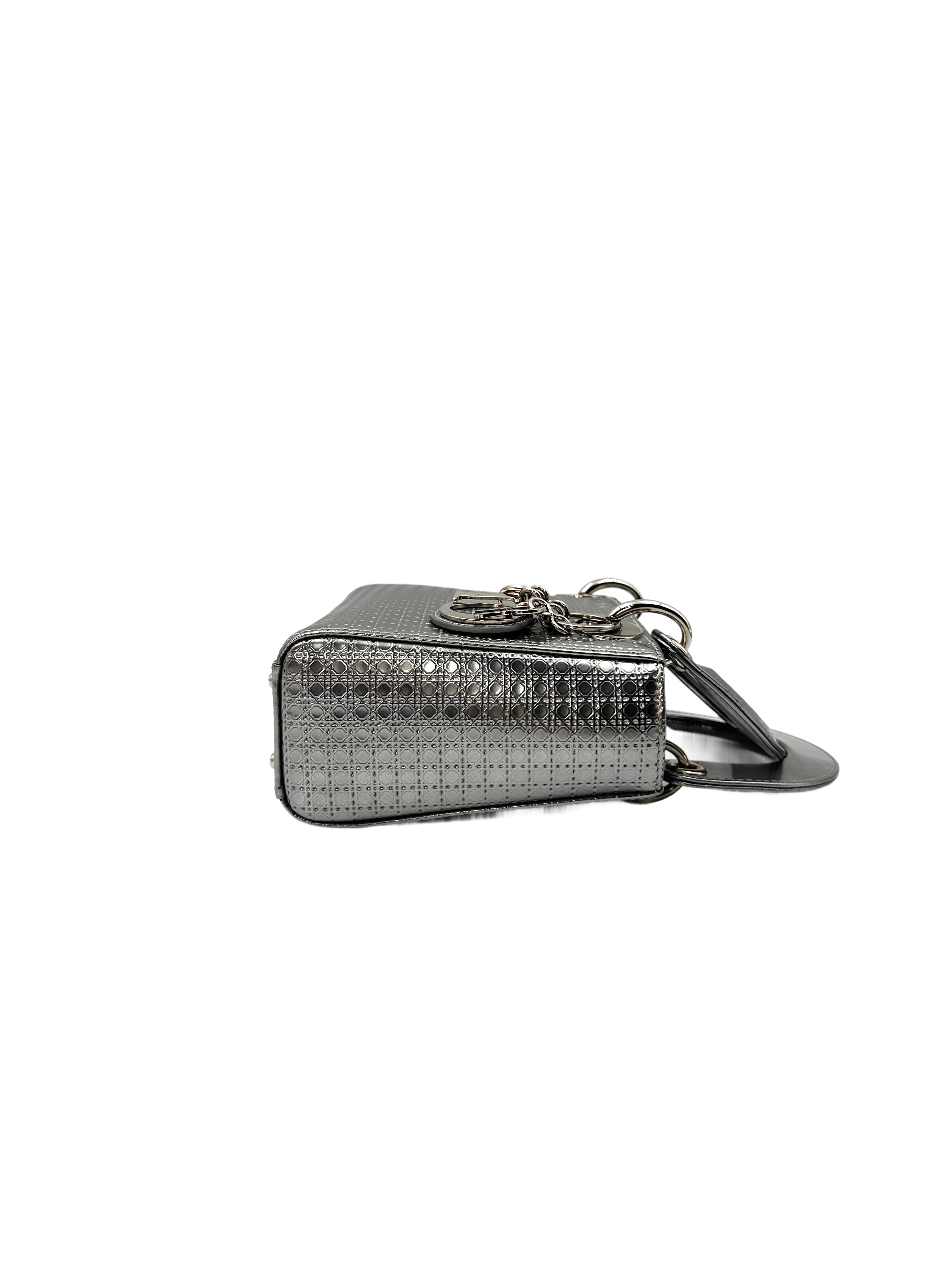 Christian Dior Lady Dior Silver Micro Cannage Leather Handle Bag With Silver Charms DR442