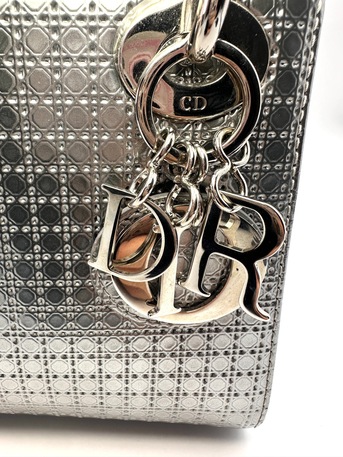 Christian Dior Lady Dior Silver Micro Cannage Leather Handle Bag With Silver Charms DR442