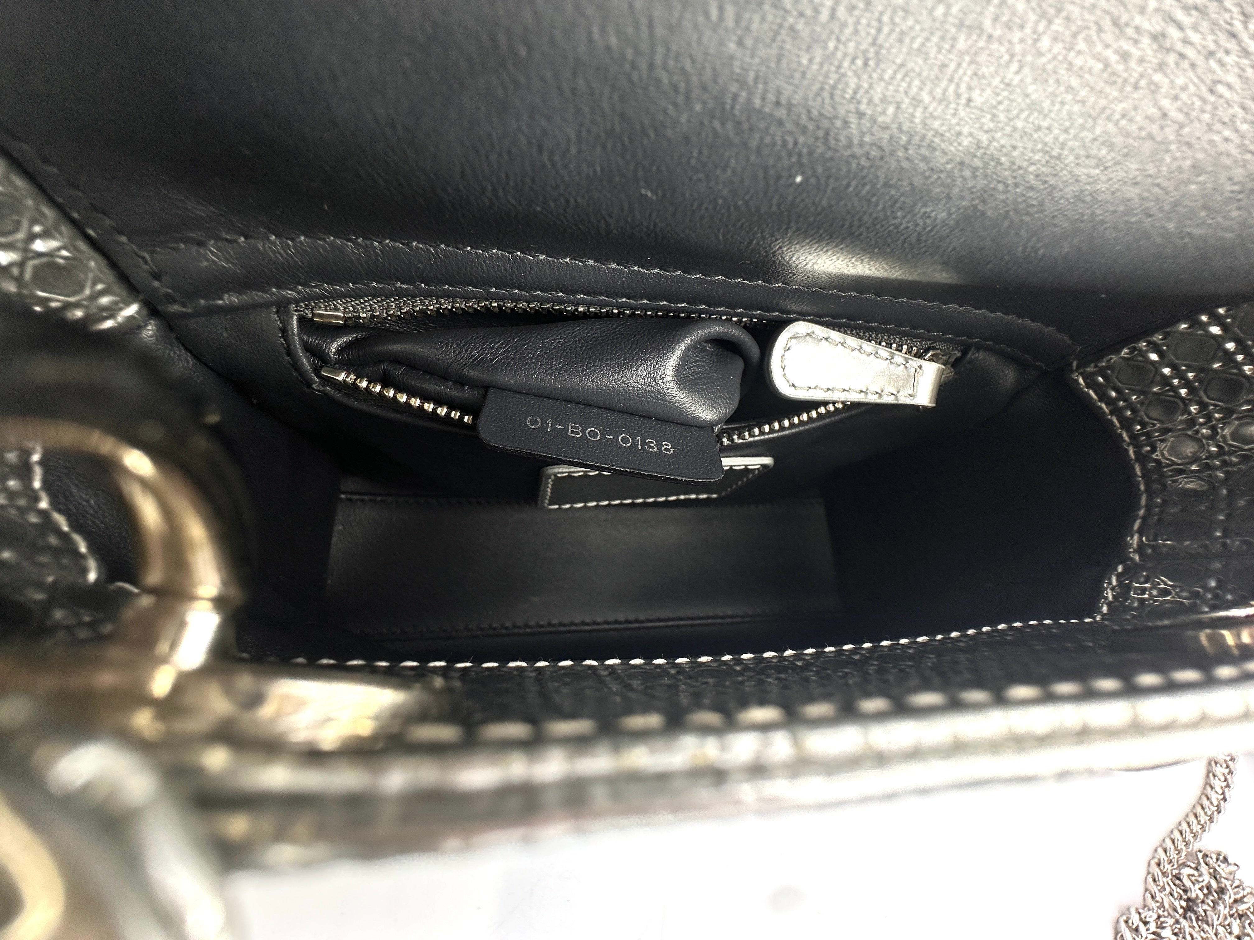 Christian Dior Lady Dior Silver Micro Cannage Leather Handle Bag With Silver Charms DR442