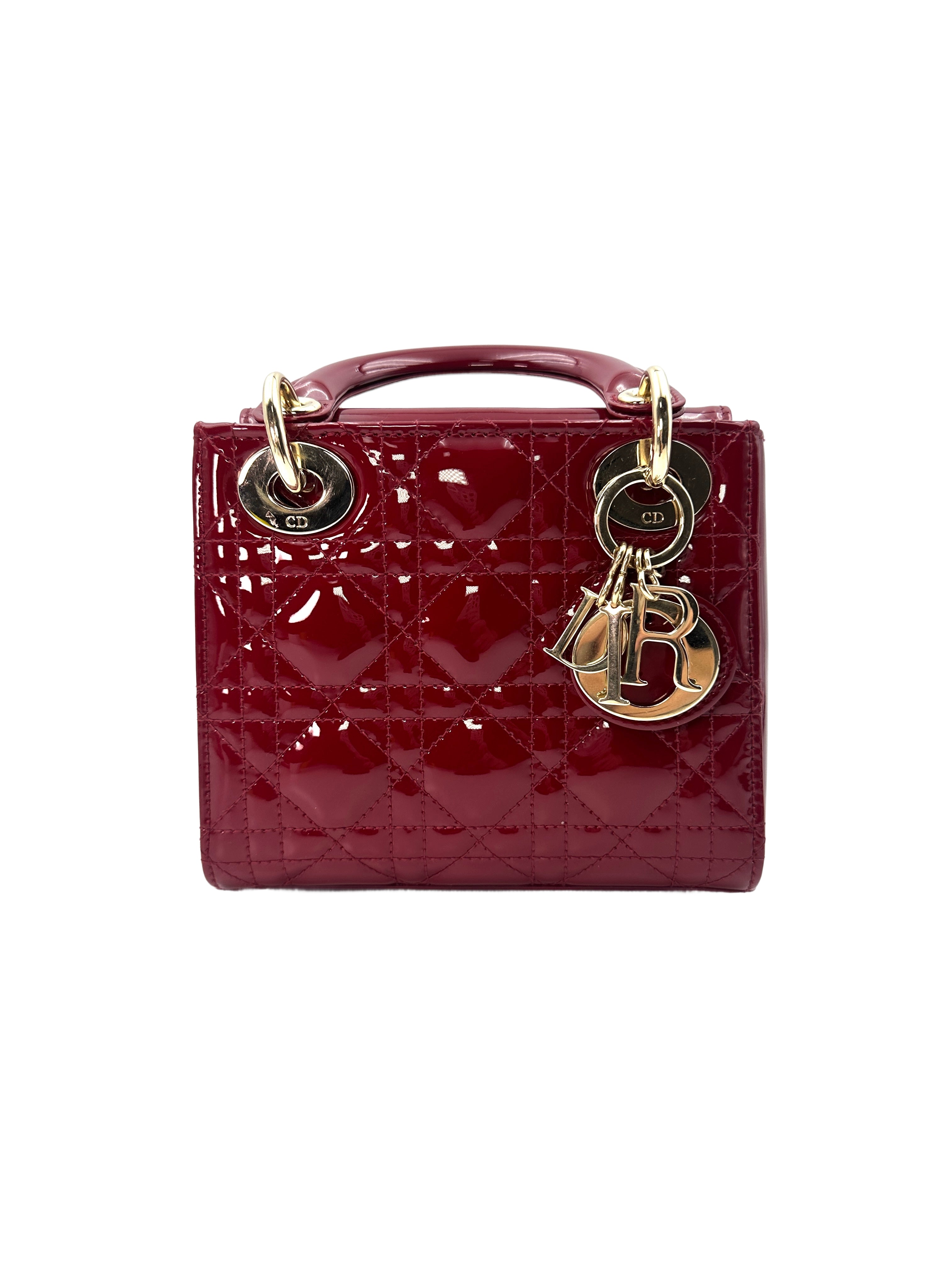 Christian Dior Lady Dior Red Patent Cannage Leather Handle Bag With Silver Charms DR443