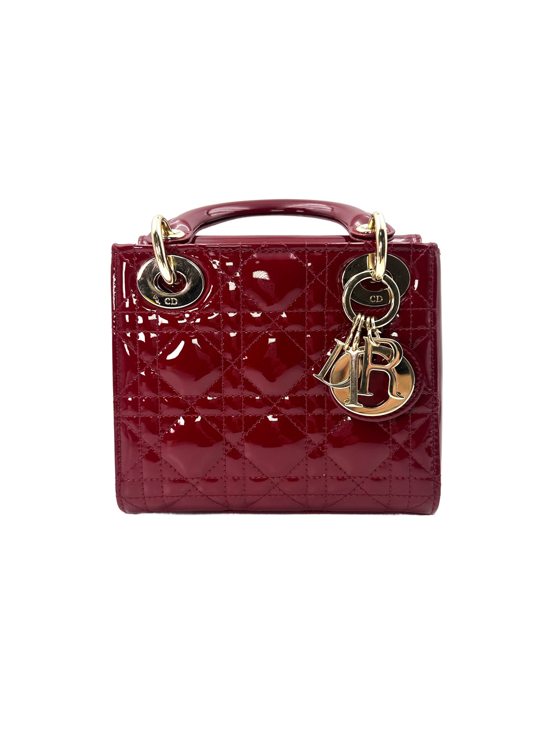 Christian Dior Lady Dior Red Patent Cannage Leather Handle Bag With Silver Charms DR443