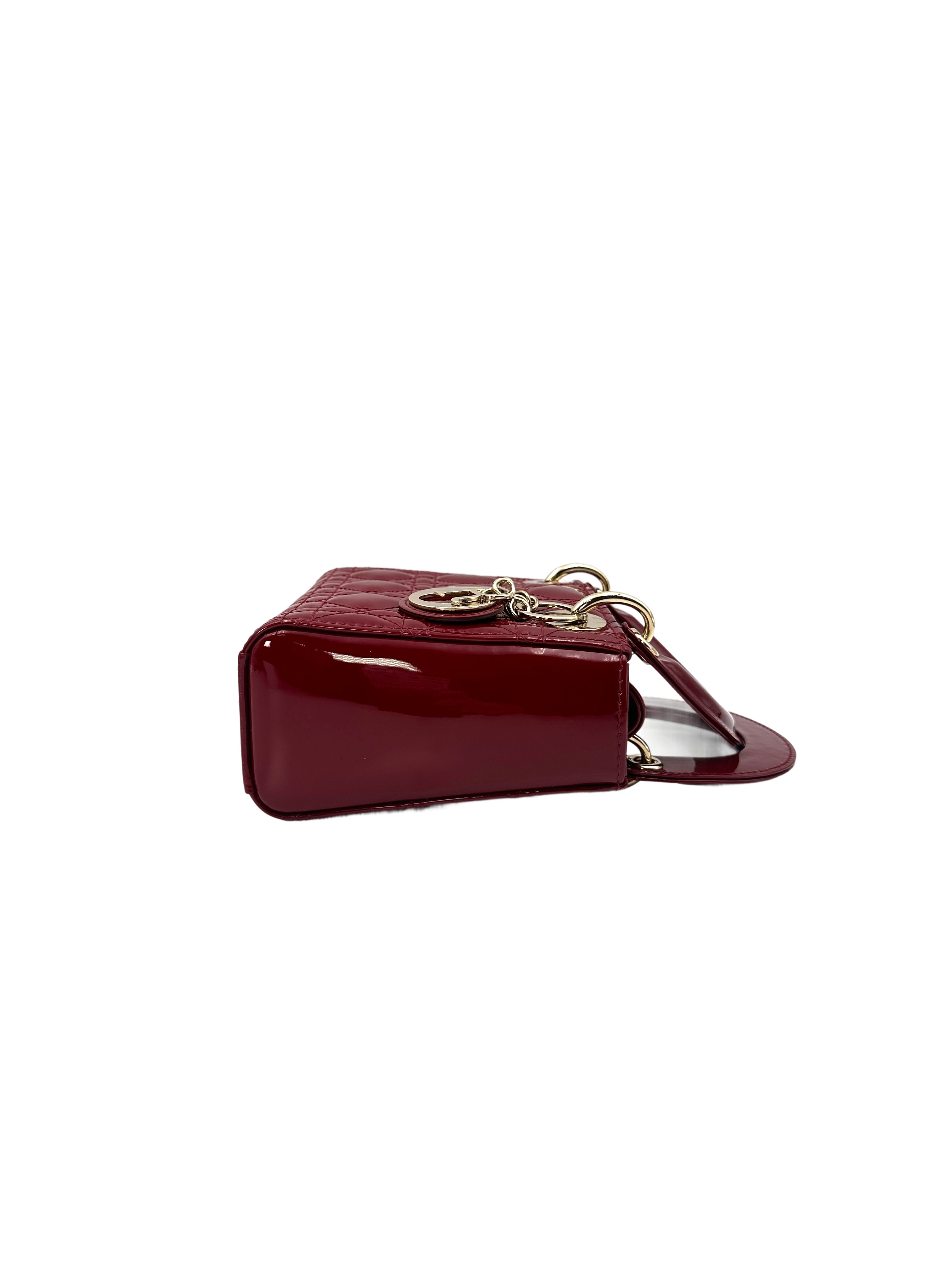 Christian Dior Lady Dior Red Patent Cannage Leather Handle Bag With Silver Charms DR443
