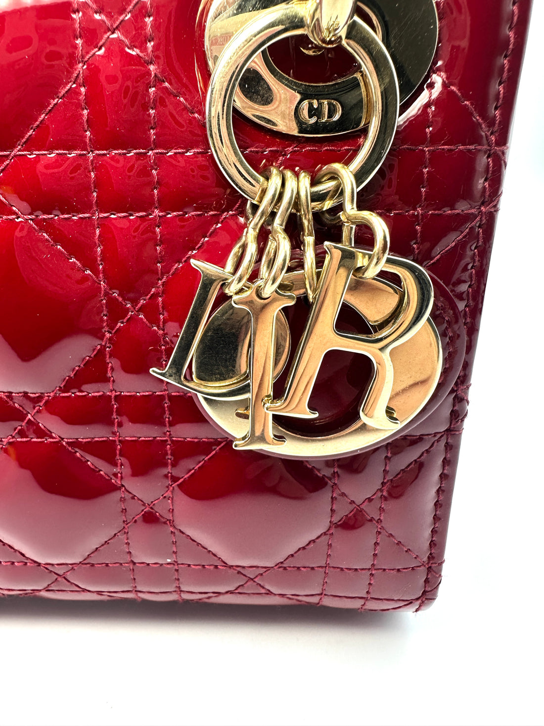 Christian Dior Lady Dior Red Patent Cannage Leather Handle Bag With Silver Charms DR443