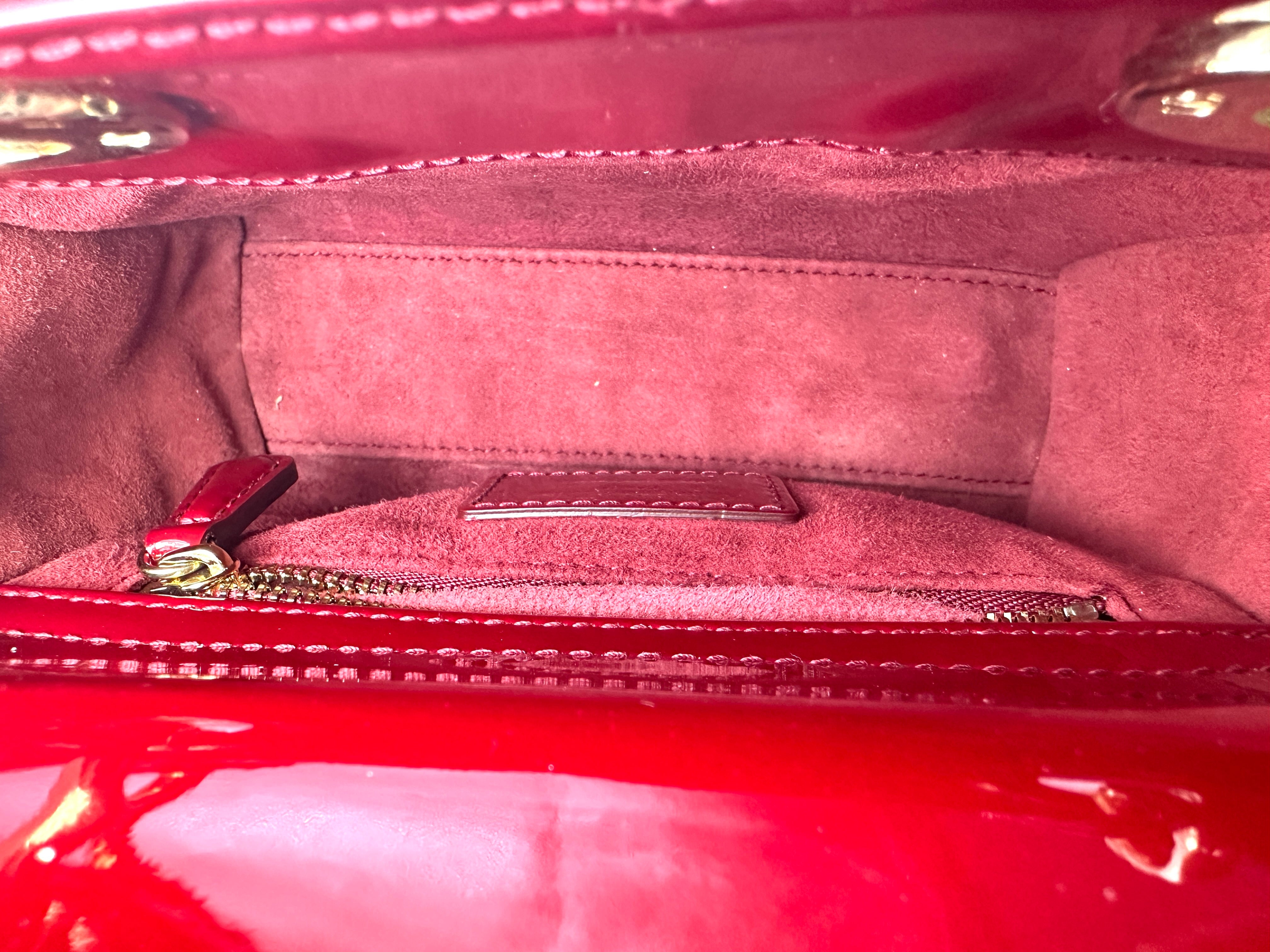 Christian Dior Lady Dior Red Patent Cannage Leather Handle Bag With Silver Charms DR443