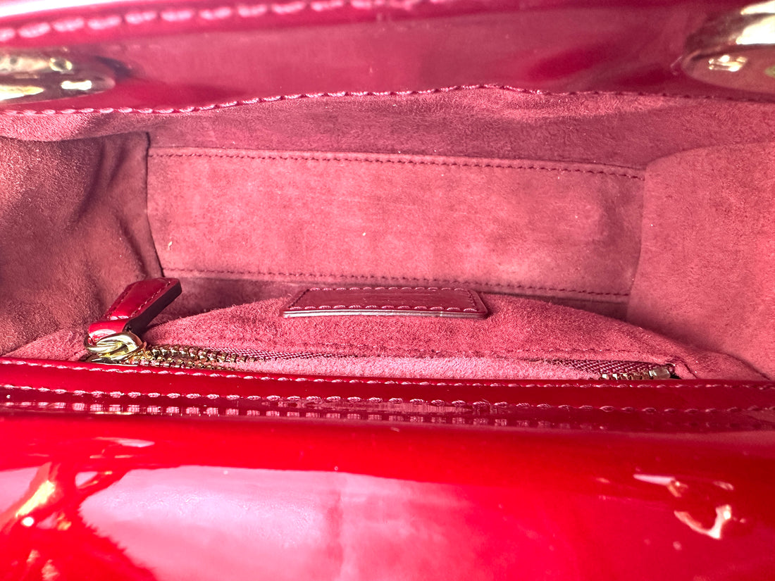 Christian Dior Lady Dior Red Patent Cannage Leather Handle Bag With Silver Charms DR443