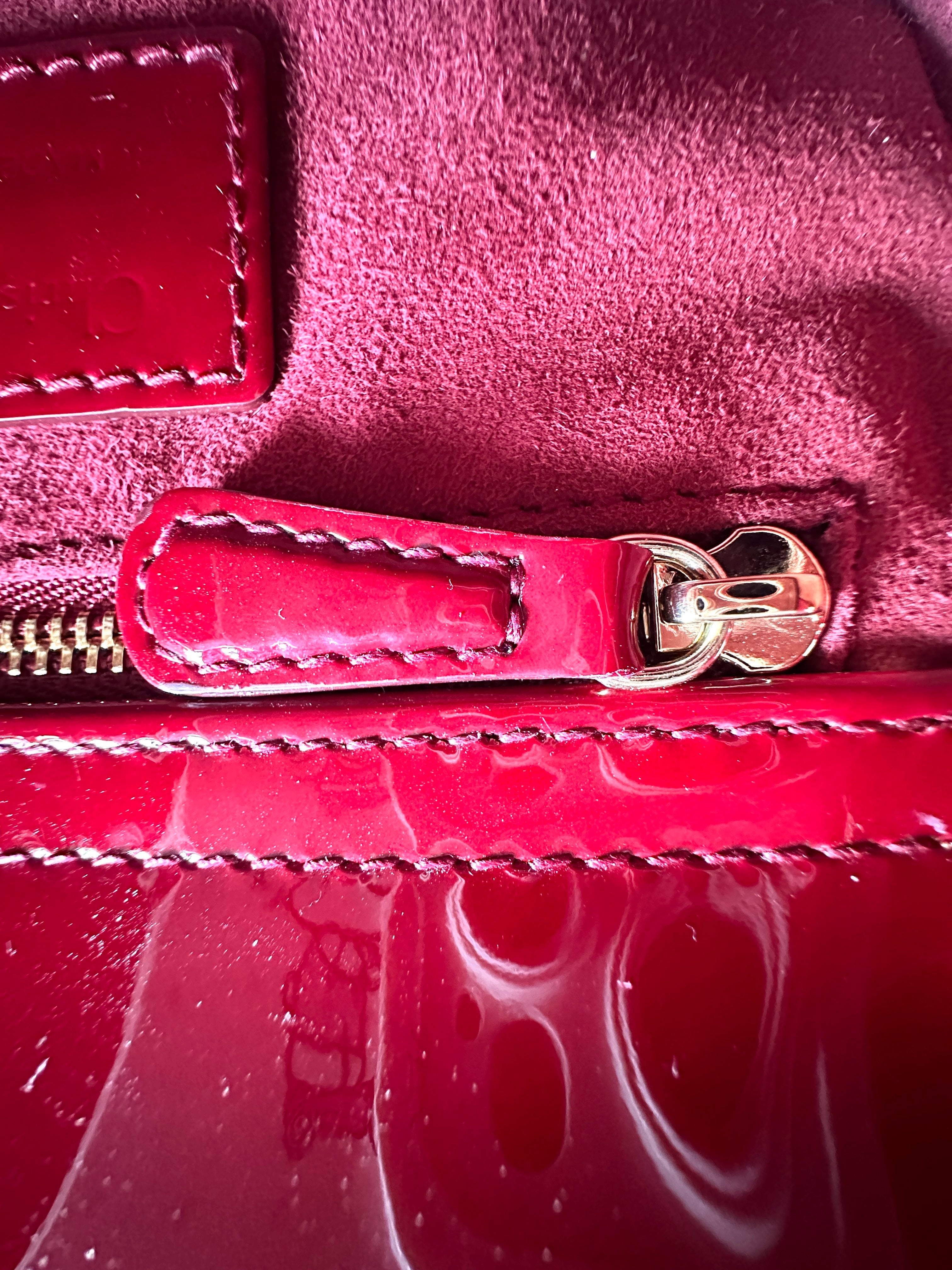 Christian Dior Lady Dior Red Patent Cannage Leather Handle Bag With Silver Charms DR443