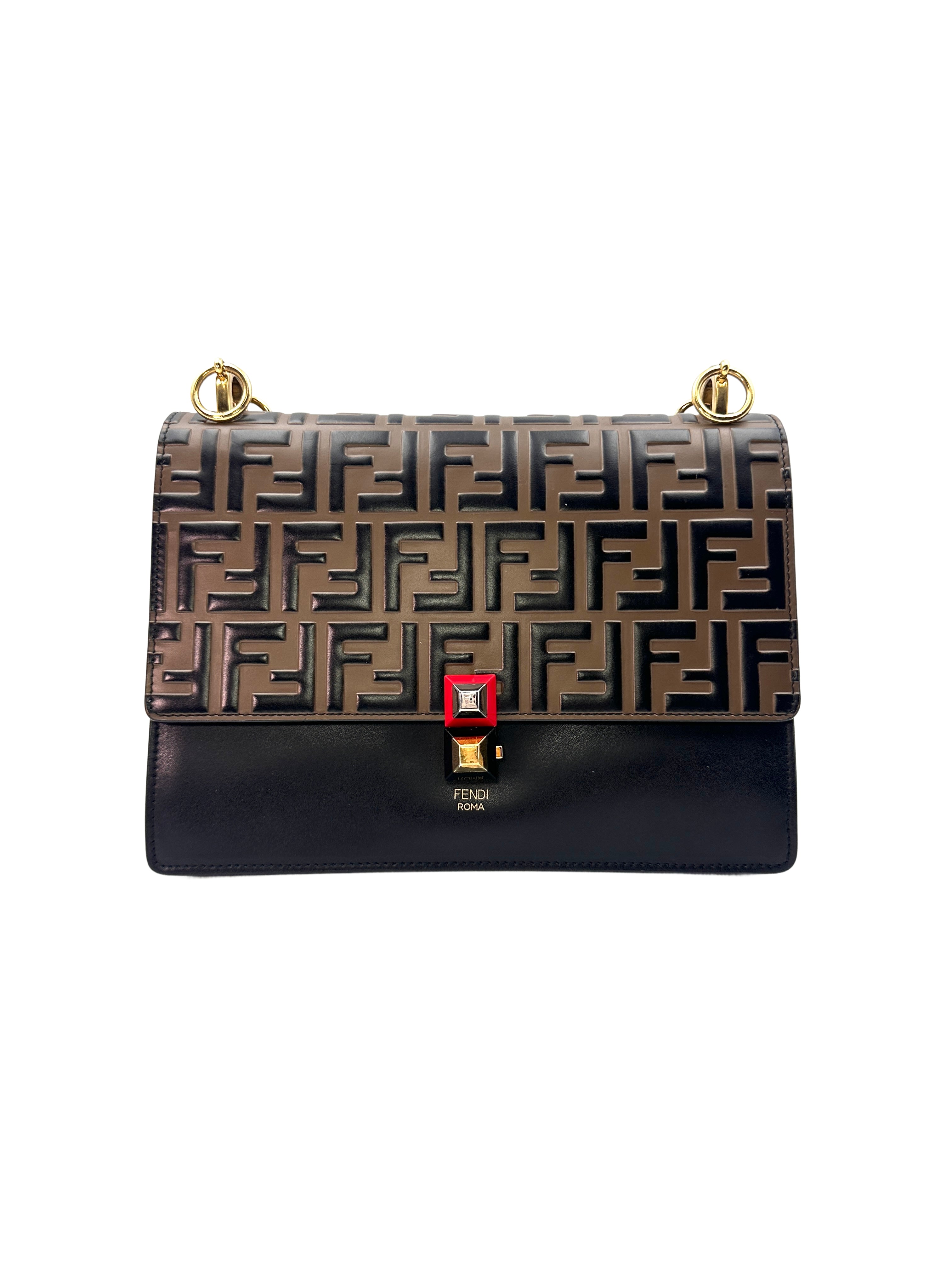 Fendi Kan I Black FF Zucca Embossed Leather Shoulder Bag FF81