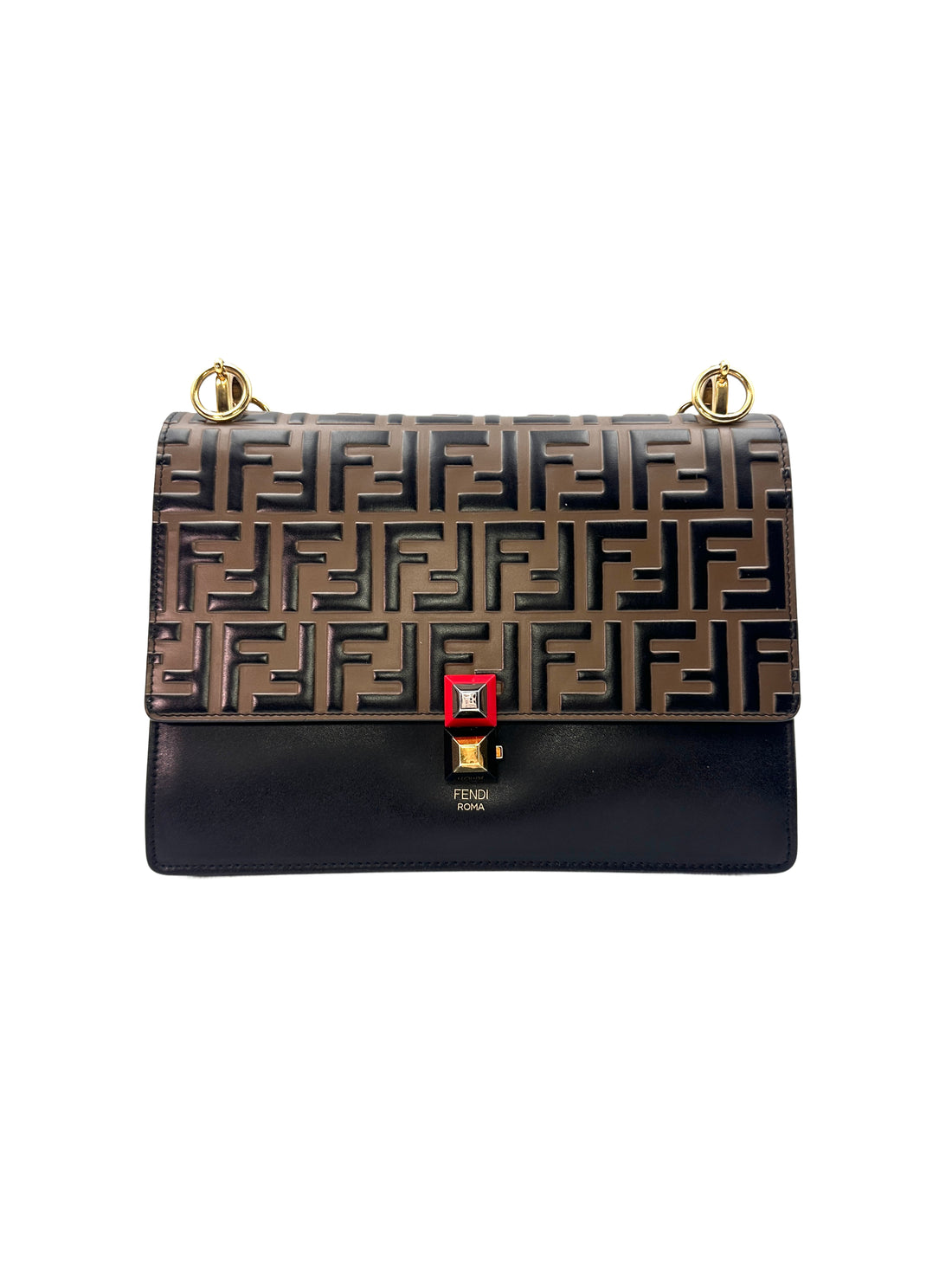 Fendi Kan I Black FF Zucca Embossed Leather Shoulder Bag FF81