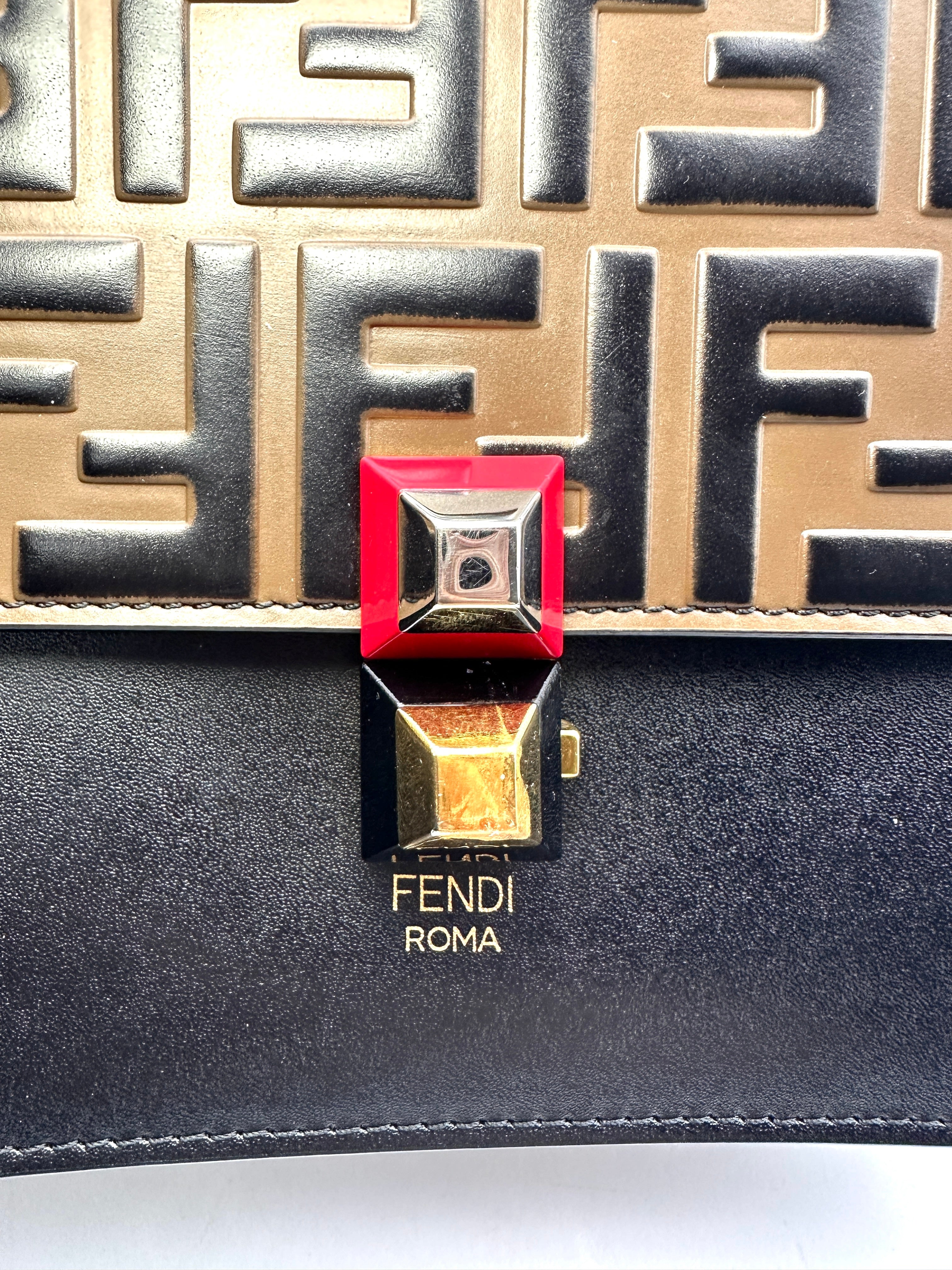 Fendi Kan I Black FF Zucca Embossed Leather Shoulder Bag FF81