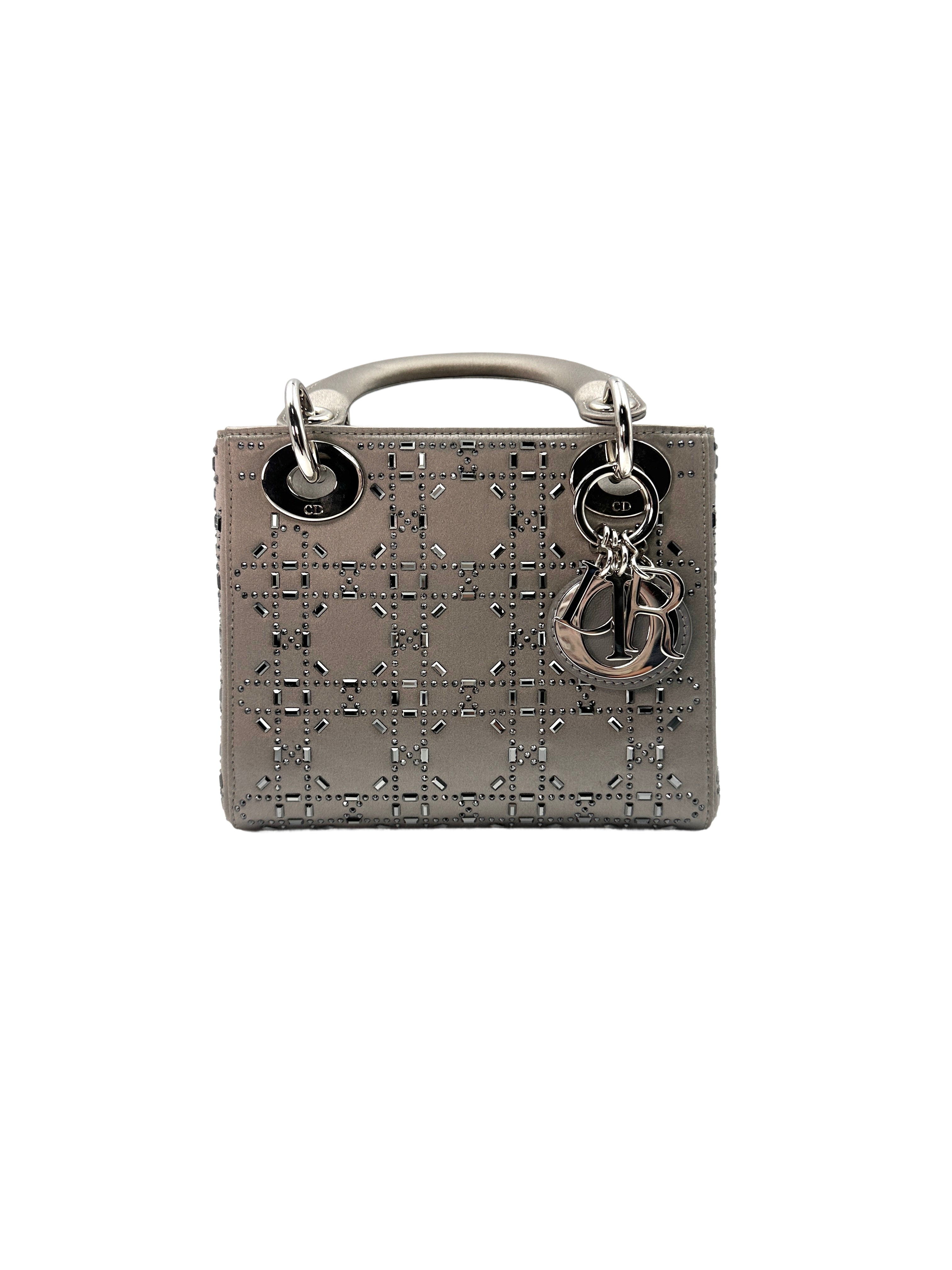 Christian Dior Lady Dior Crystal Embellished Grey Satin Cannage Leather Handle Bag With Silver Charms DR444