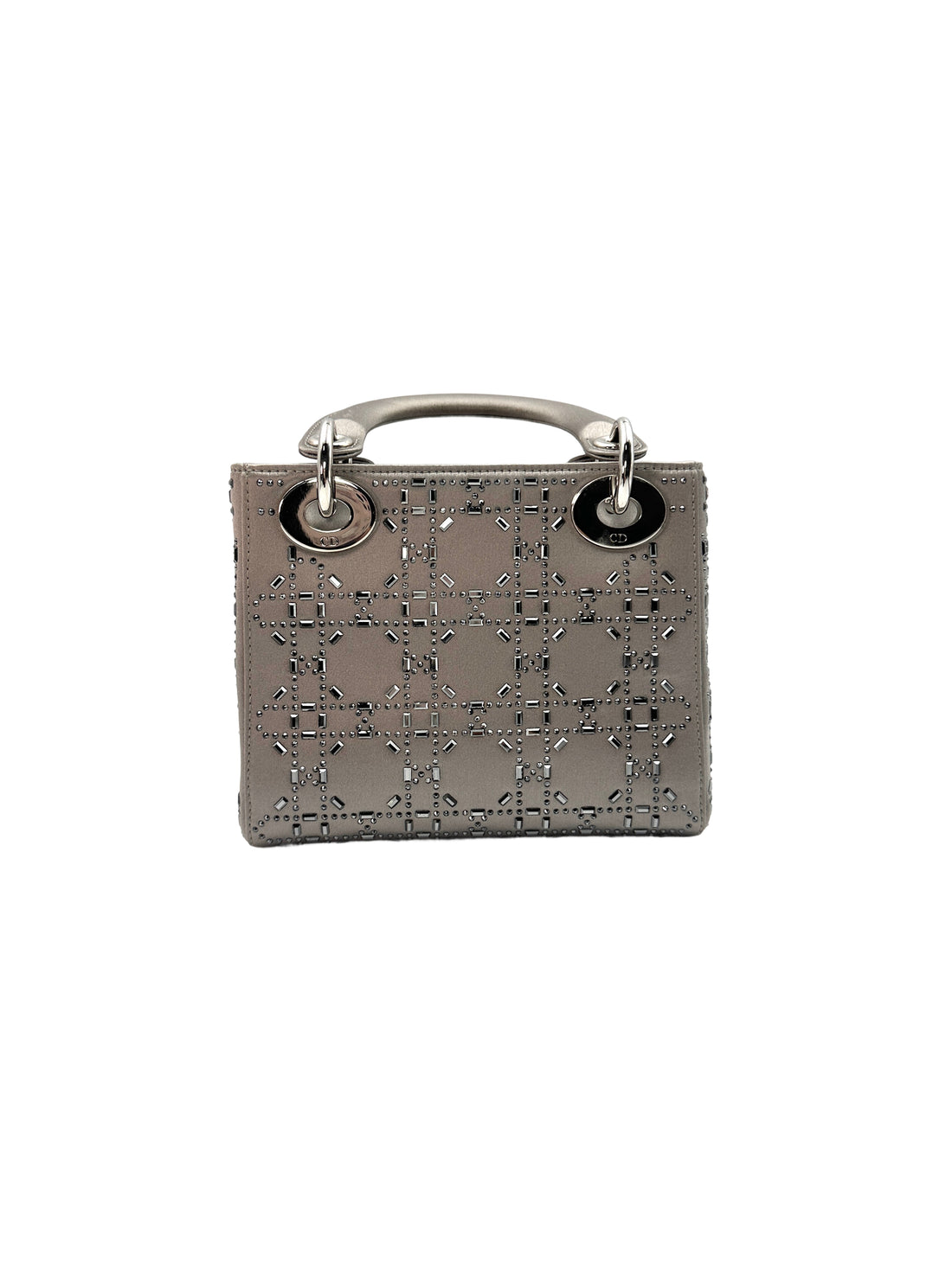 Christian Dior Lady Dior Crystal Embellished Grey Satin Cannage Leather Handle Bag With Silver Charms DR444