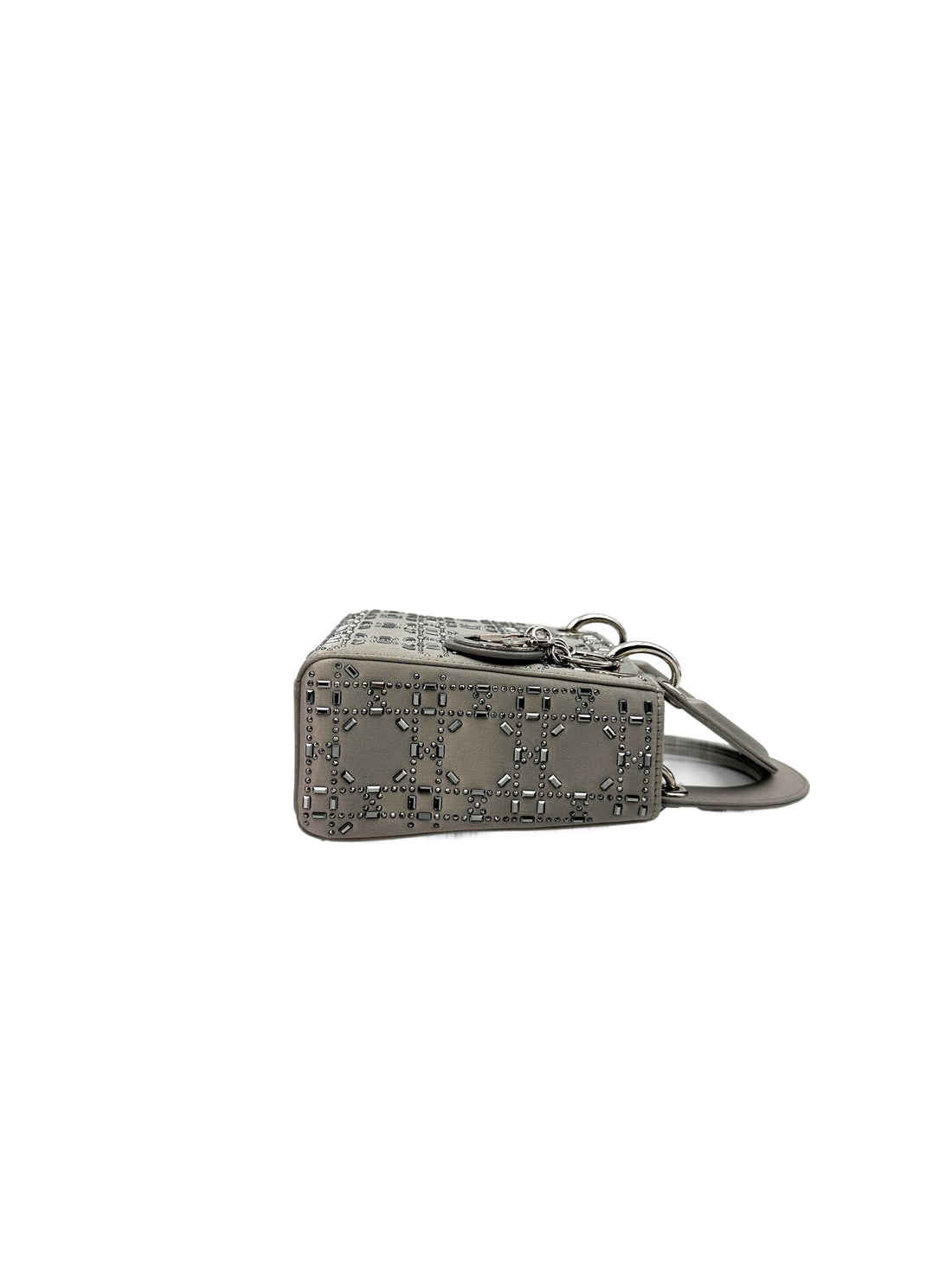 Christian Dior Lady Dior Crystal Embellished Grey Satin Cannage Leather Handle Bag With Silver Charms DR444
