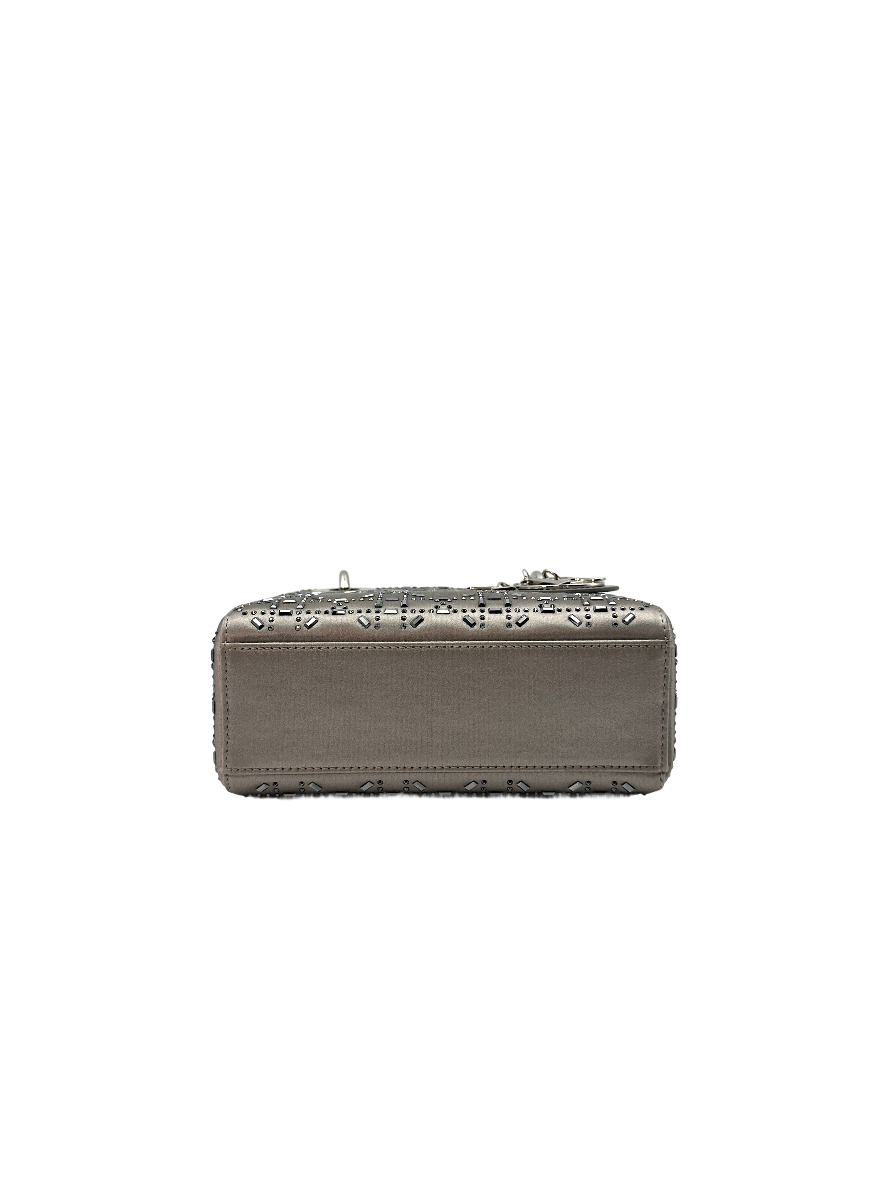 Christian Dior Lady Dior Crystal Embellished Grey Satin Cannage Leather Handle Bag With Silver Charms DR444
