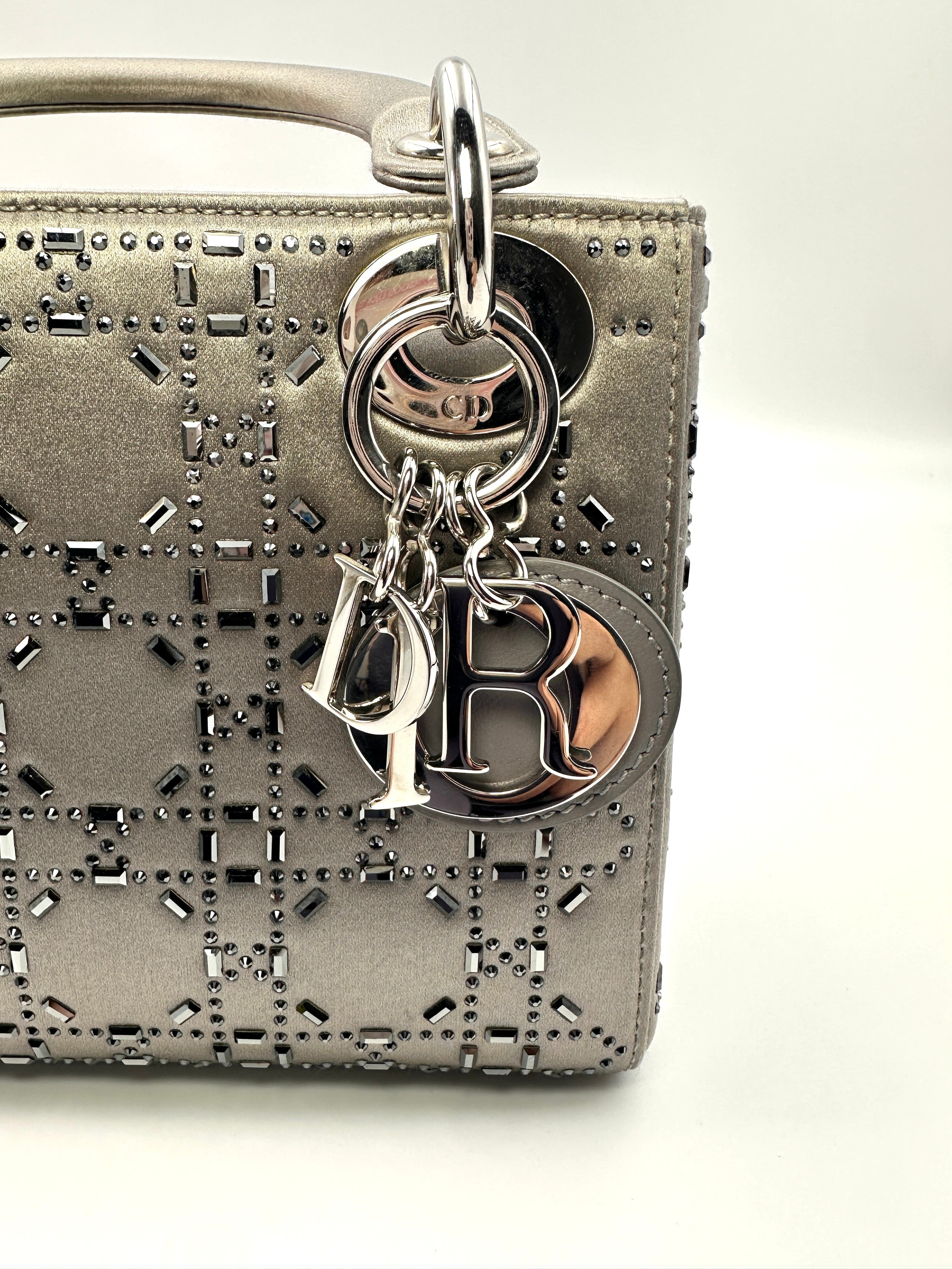 Christian Dior Lady Dior Crystal Embellished Grey Satin Cannage Leather Handle Bag With Silver Charms DR444