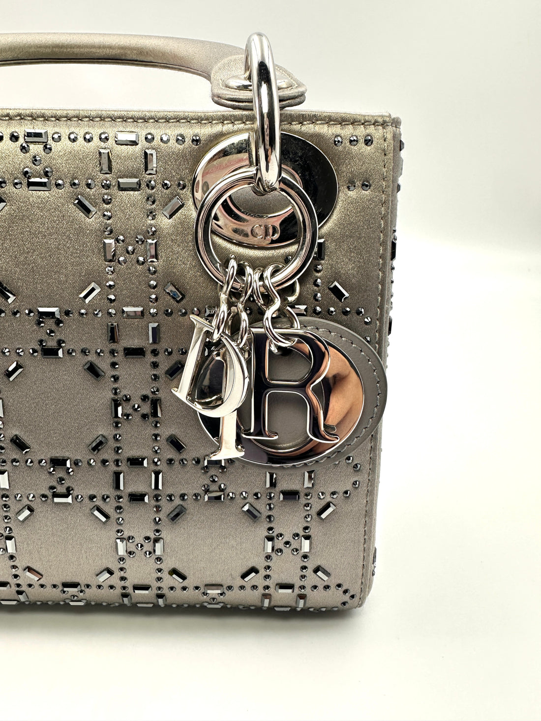 Christian Dior Lady Dior Crystal Embellished Grey Satin Cannage Leather Handle Bag With Silver Charms DR444