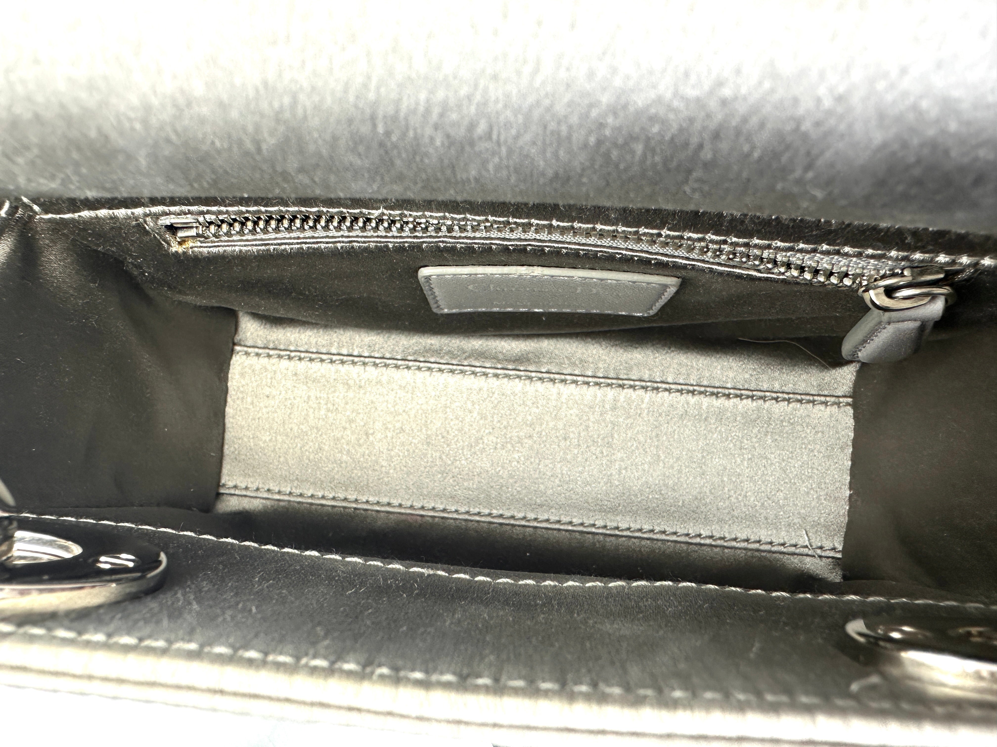 Christian Dior Lady Dior Crystal Embellished Grey Satin Cannage Leather Handle Bag With Silver Charms DR444